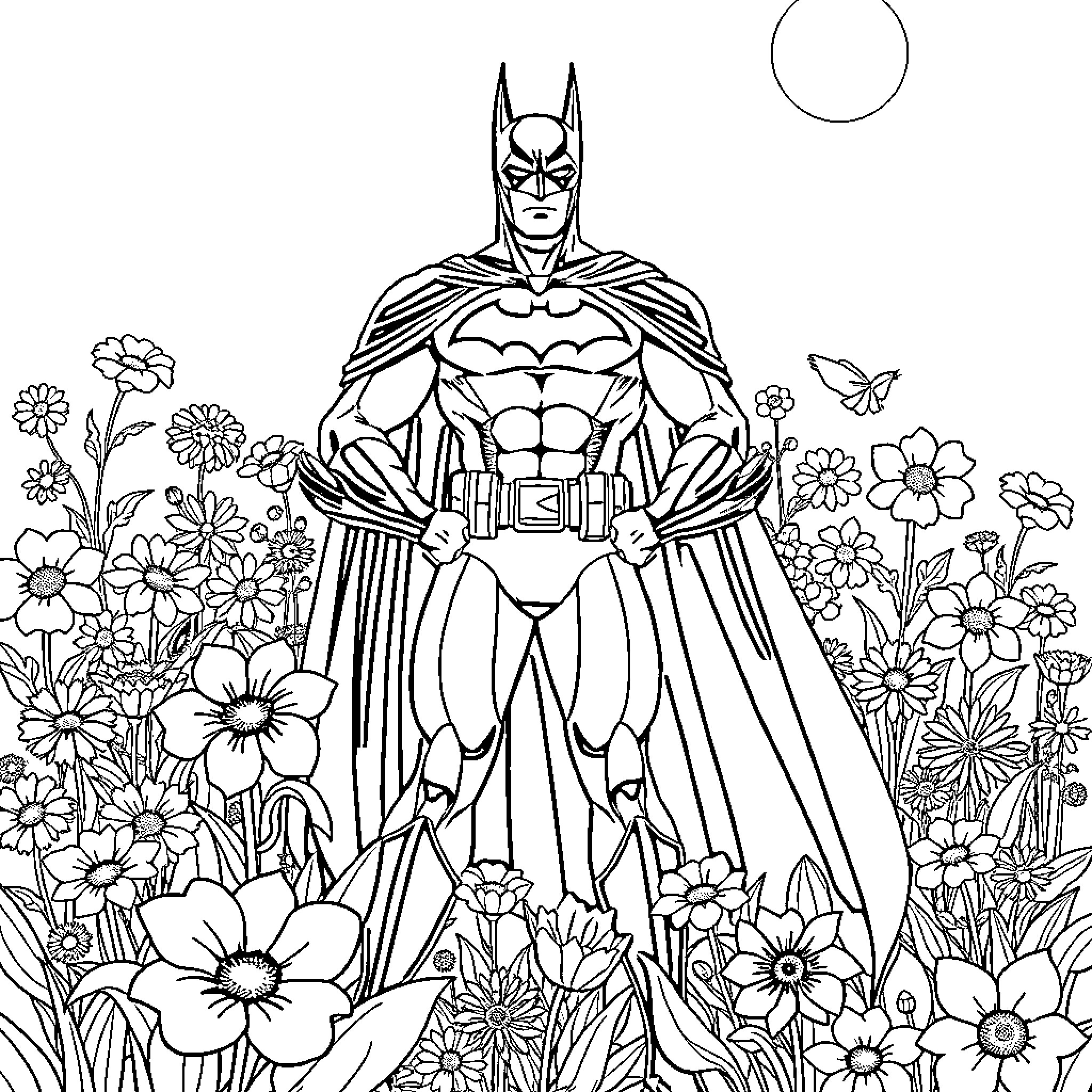 Batman amidst a garden of flowers Coloring Page (free black-and-white line drawing printable PDF for all, from beginners to advanced learners, including children, teens, adults, and seniors)