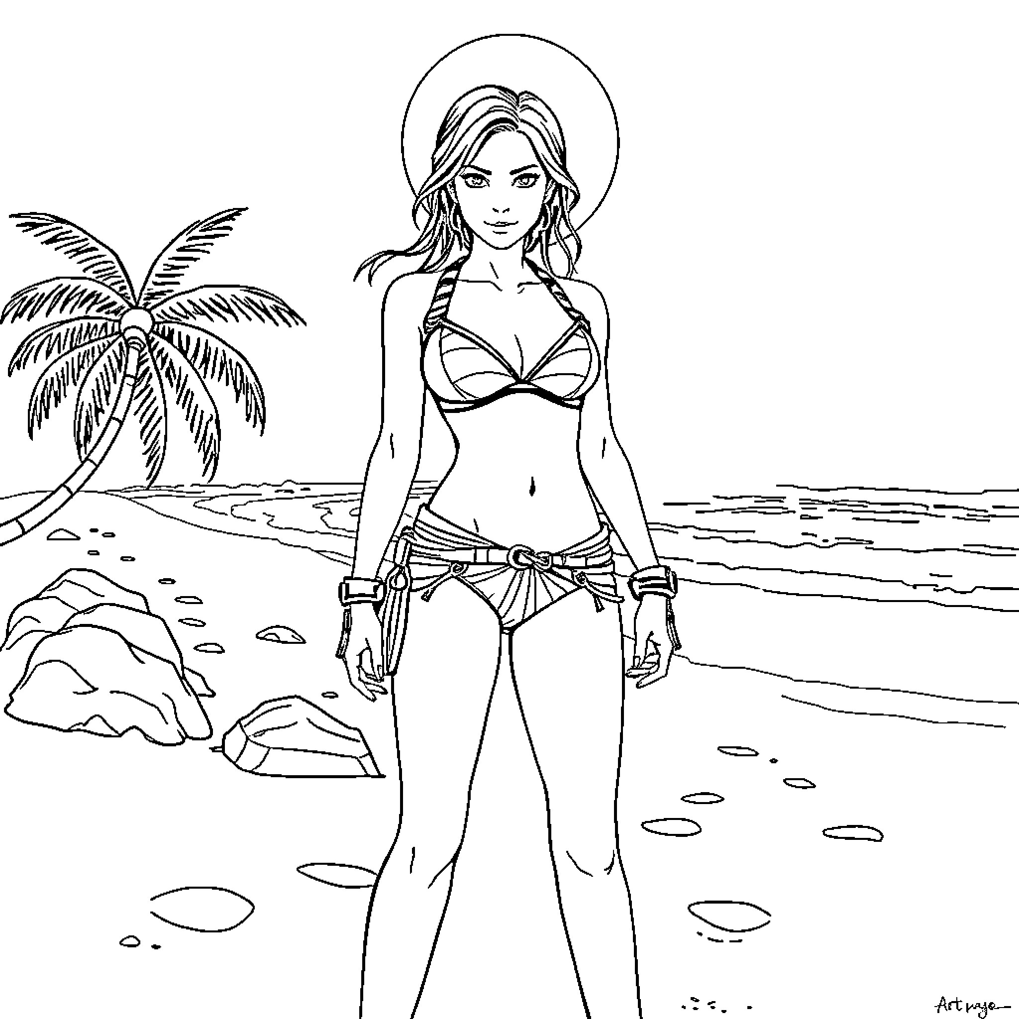 Lara Croft exploring the tropical beach Coloring Page (free black-and-white line drawing printable PDF for all, from beginners to advanced learners, including children, teens, adults, and seniors)