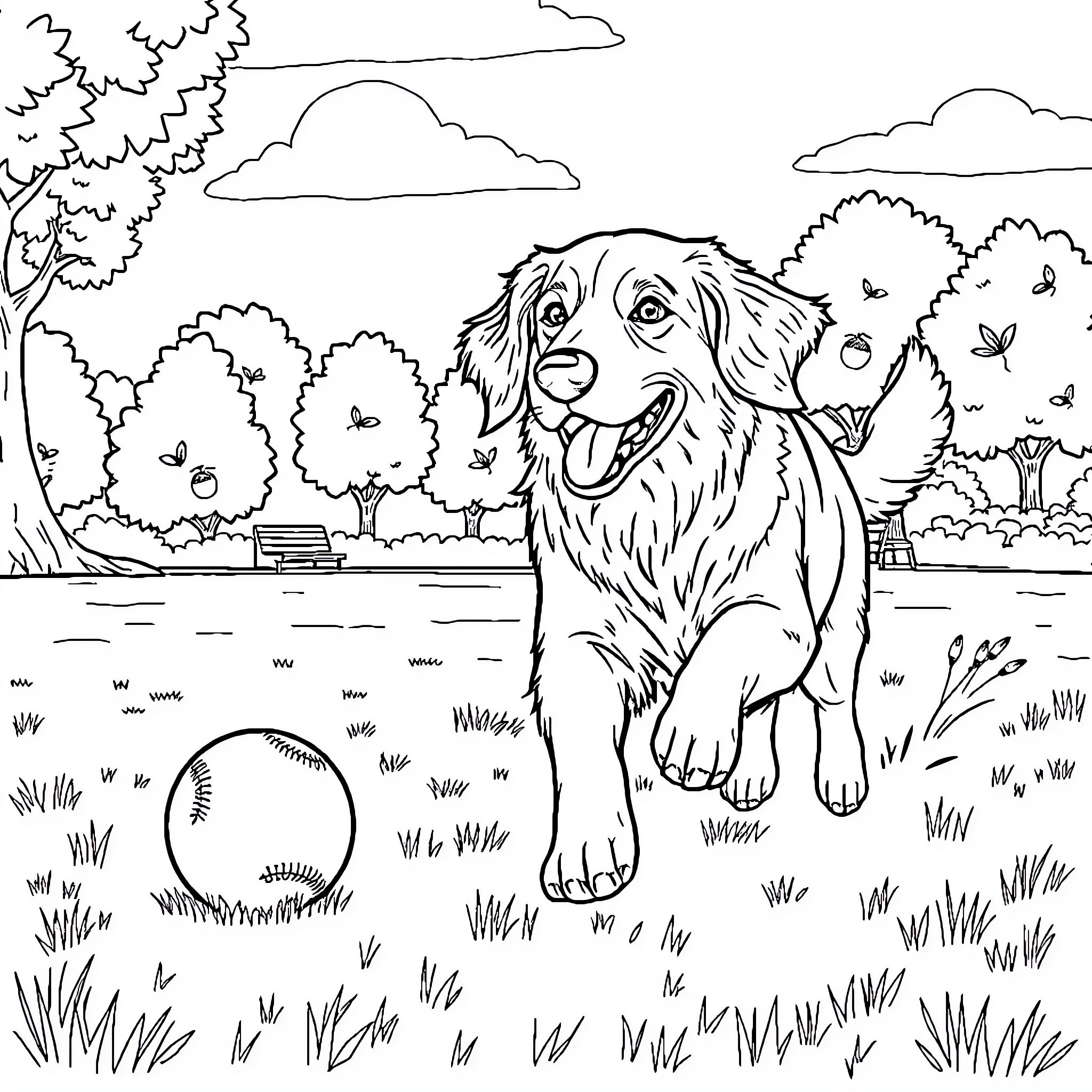 Golden Retriever playing with a ball in the park Coloring Page (free black-and-white line drawing printable PDF for all, from beginners to advanced learners, including children, teens, adults, and seniors)