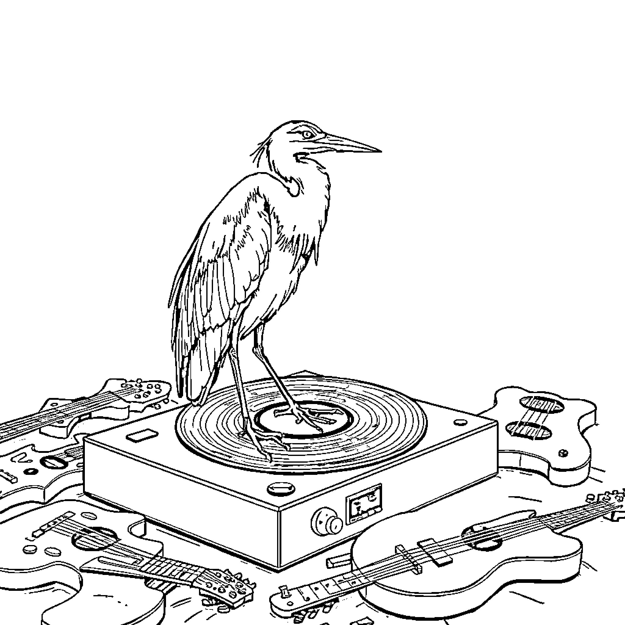 Heron standing amidst music equipment Coloring Page (free black-and-white line drawing printable PDF for all, from beginners to advanced learners, including children, teens, adults, and seniors)