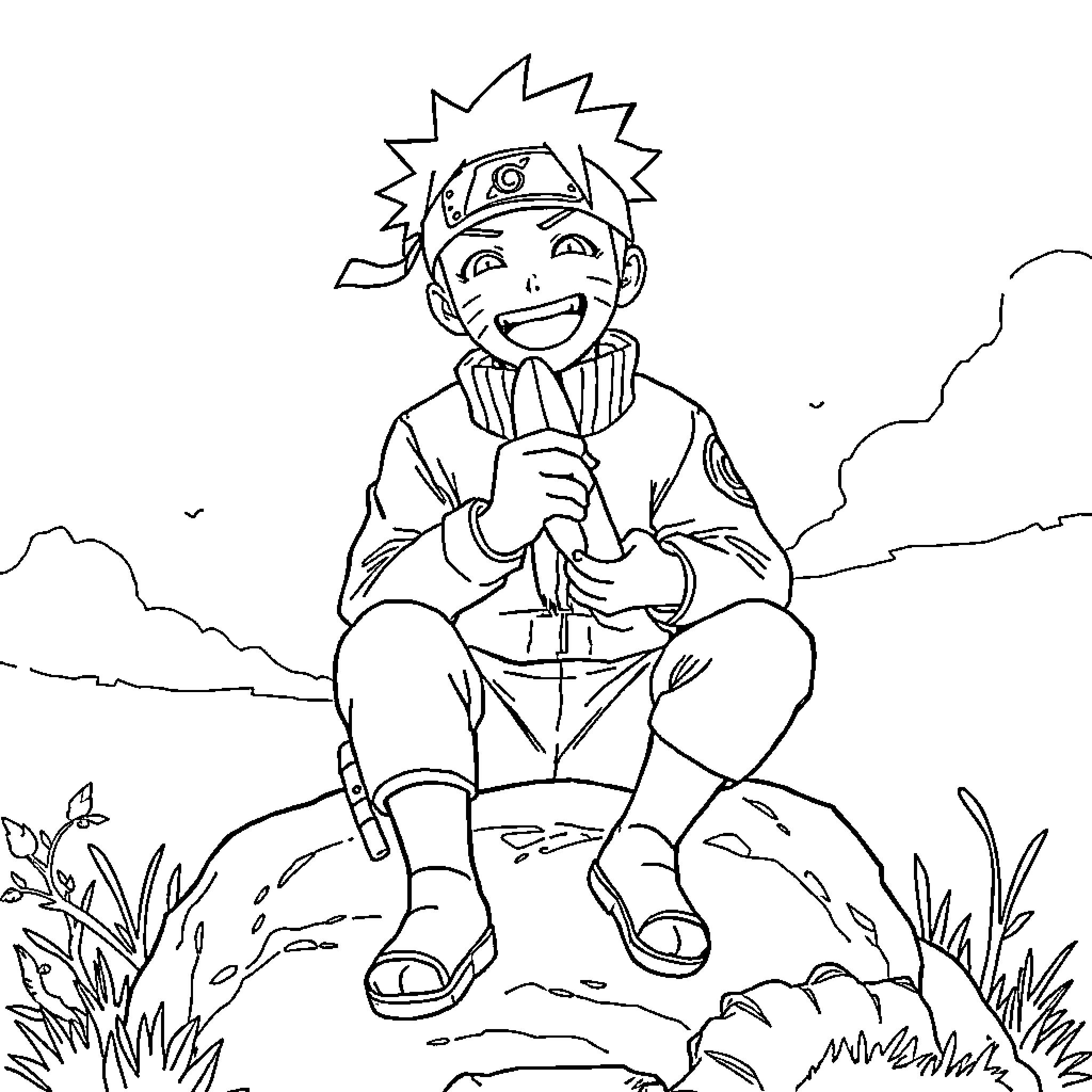 Naruto Enjoying a Peaceful Moment Outdoors Coloring Page (free black-and-white line drawing printable PDF for all, from beginners to advanced learners, including children, teens, adults, and seniors)