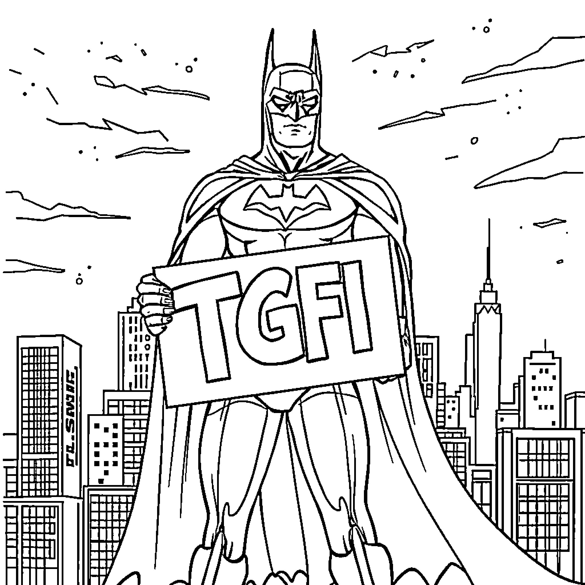 Batman Showcasing TGFI Sign in Cityscape Coloring Page (free black-and-white line drawing printable PDF for all, from beginners to advanced learners, including children, teens, adults, and seniors)