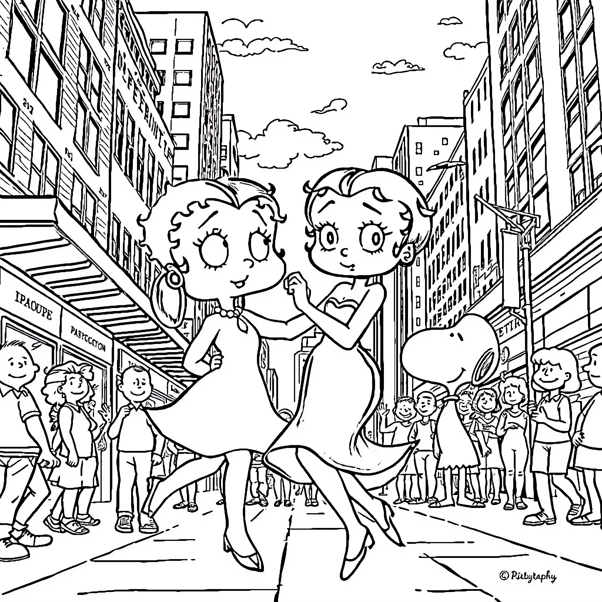 Betty Boop dancing happily in the city streets Coloring Page (free black-and-white line drawing printable PDF for all, from beginners to advanced learners, including children, teens, adults, and seniors)