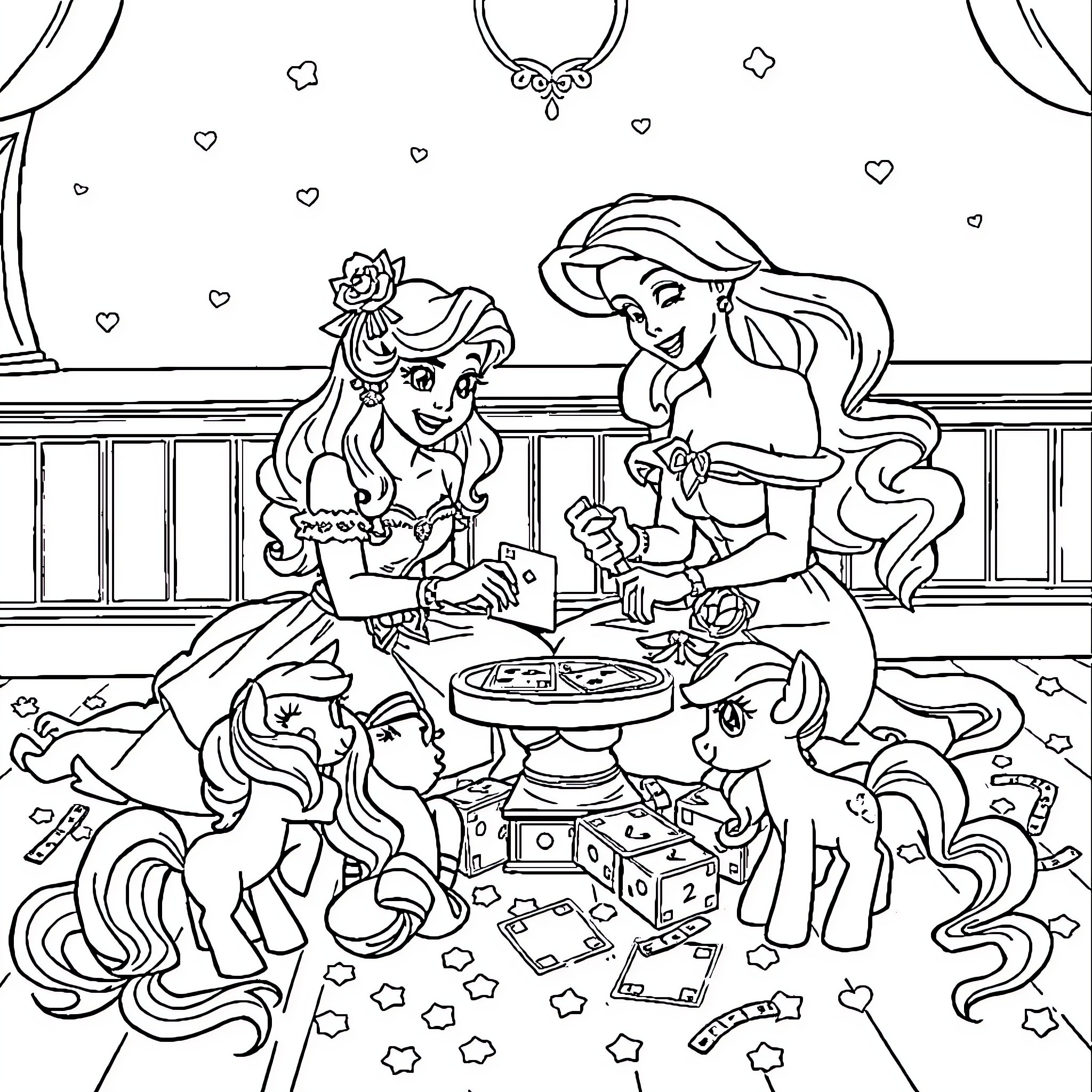 Princess Friendship Celebration with Magical Ponies Coloring Page (free black-and-white line drawing printable PDF for all, from beginners to advanced learners, including children, teens, adults, and seniors)