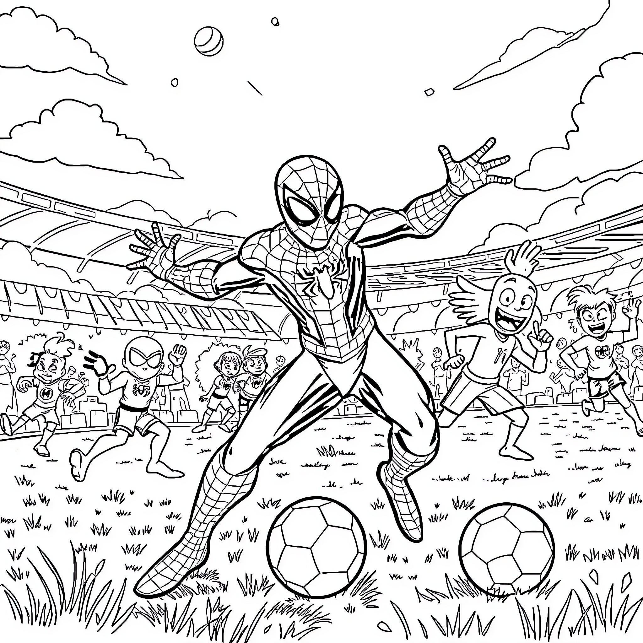Spiderman playing soccer with friends in the stadium Coloring Page (free black-and-white line drawing printable PDF for all, from beginners to advanced learners, including children, teens, adults, and seniors)