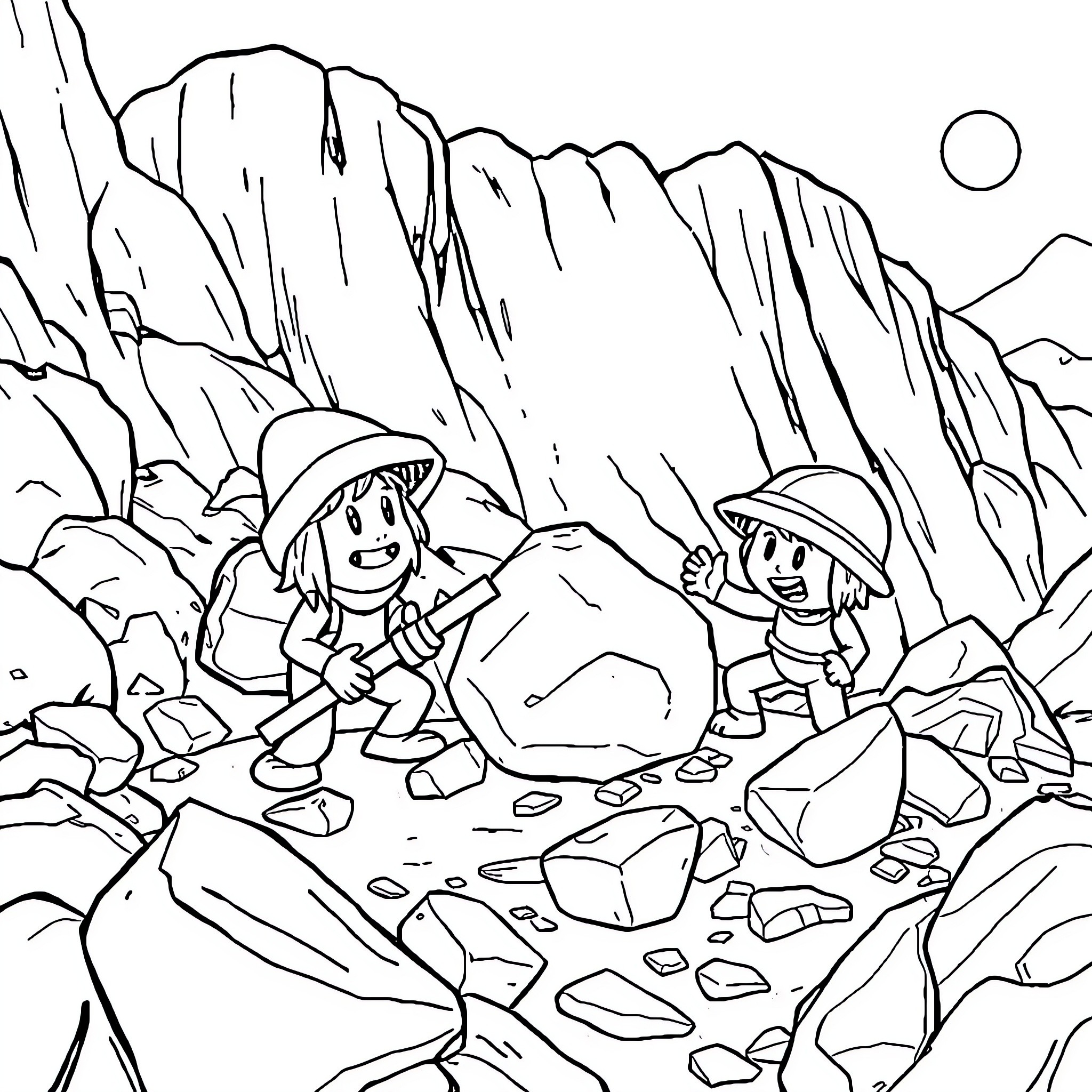 Character Explorers Hiking Through Rocky Terrain Coloring Page (free black-and-white line drawing printable PDF for all, from beginners to advanced learners, including children, teens, adults, and seniors)