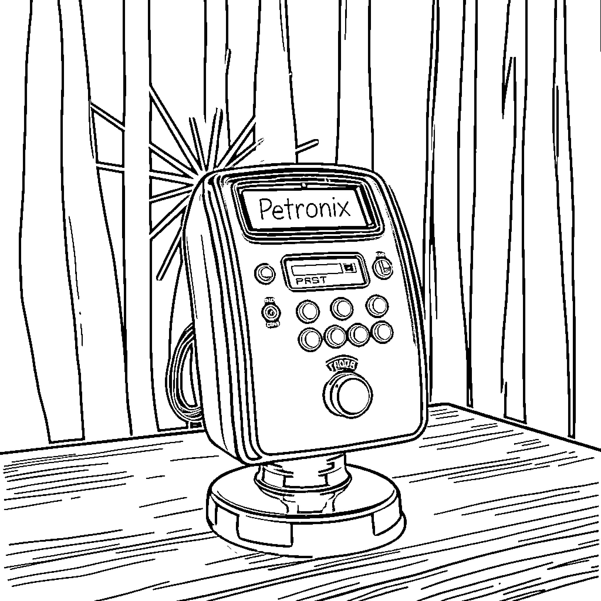 Petronix radio device on a wooden surface Coloring Page (free black-and-white line drawing printable PDF for all, from beginners to advanced learners, including children, teens, adults, and seniors)
