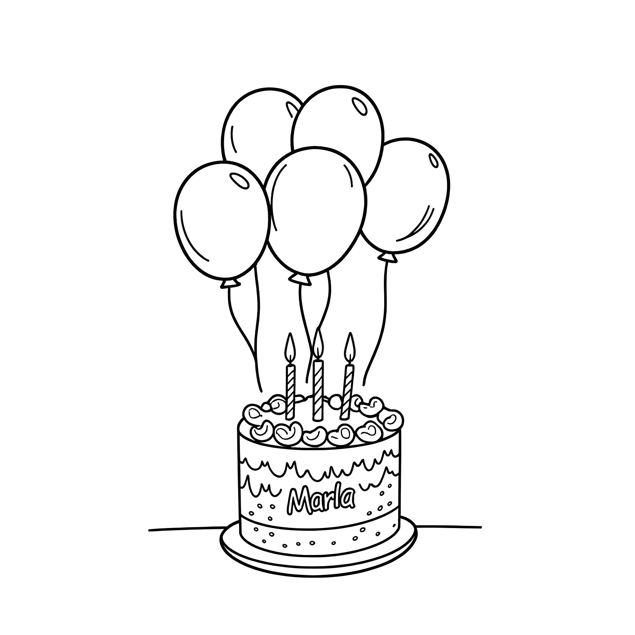 Birthday Cake with Balloons Coloring Page (free black-and-white line drawing printable PDF for all, from beginners to advanced learners, including children, teens, adults, and seniors)