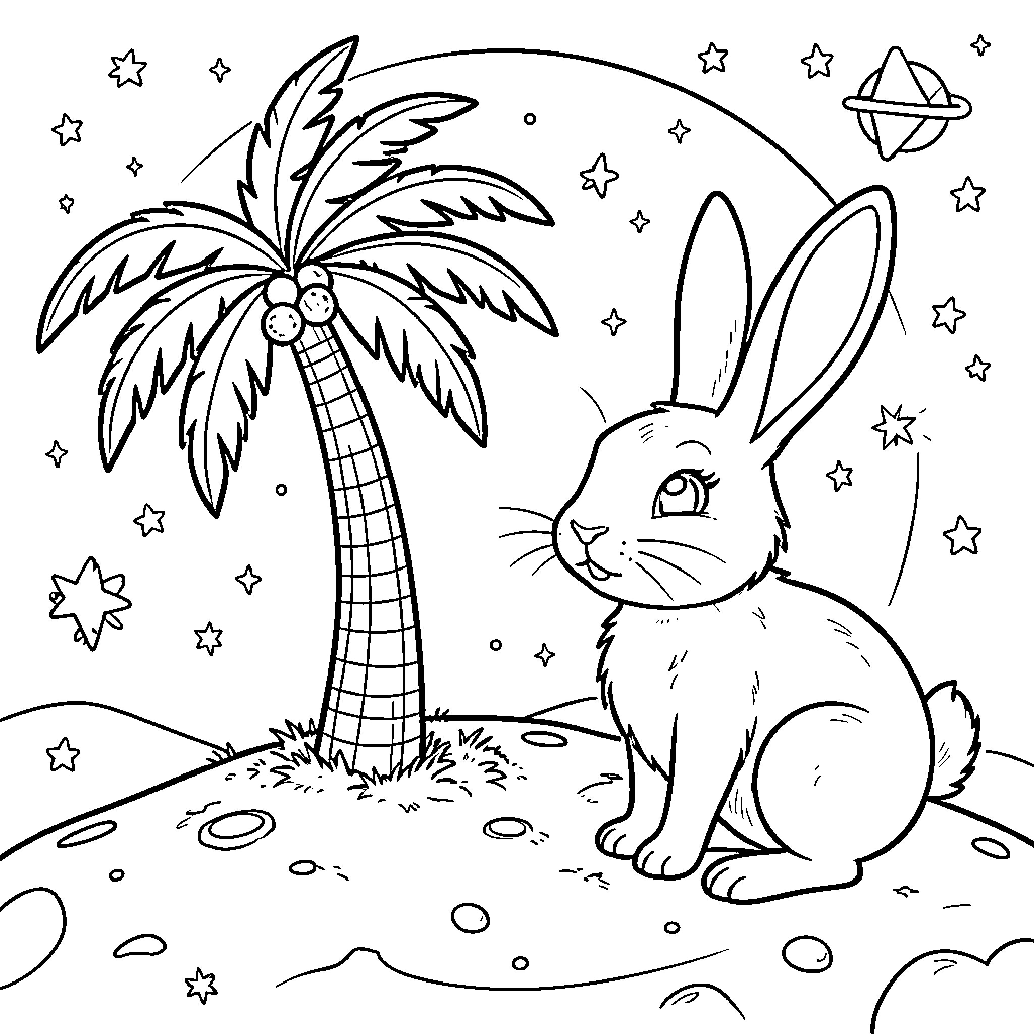 Palm Tree with a curious rabbit gazing at stars Coloring Page (free black-and-white line drawing printable PDF for all, from beginners to advanced learners, including children, teens, adults, and seniors)