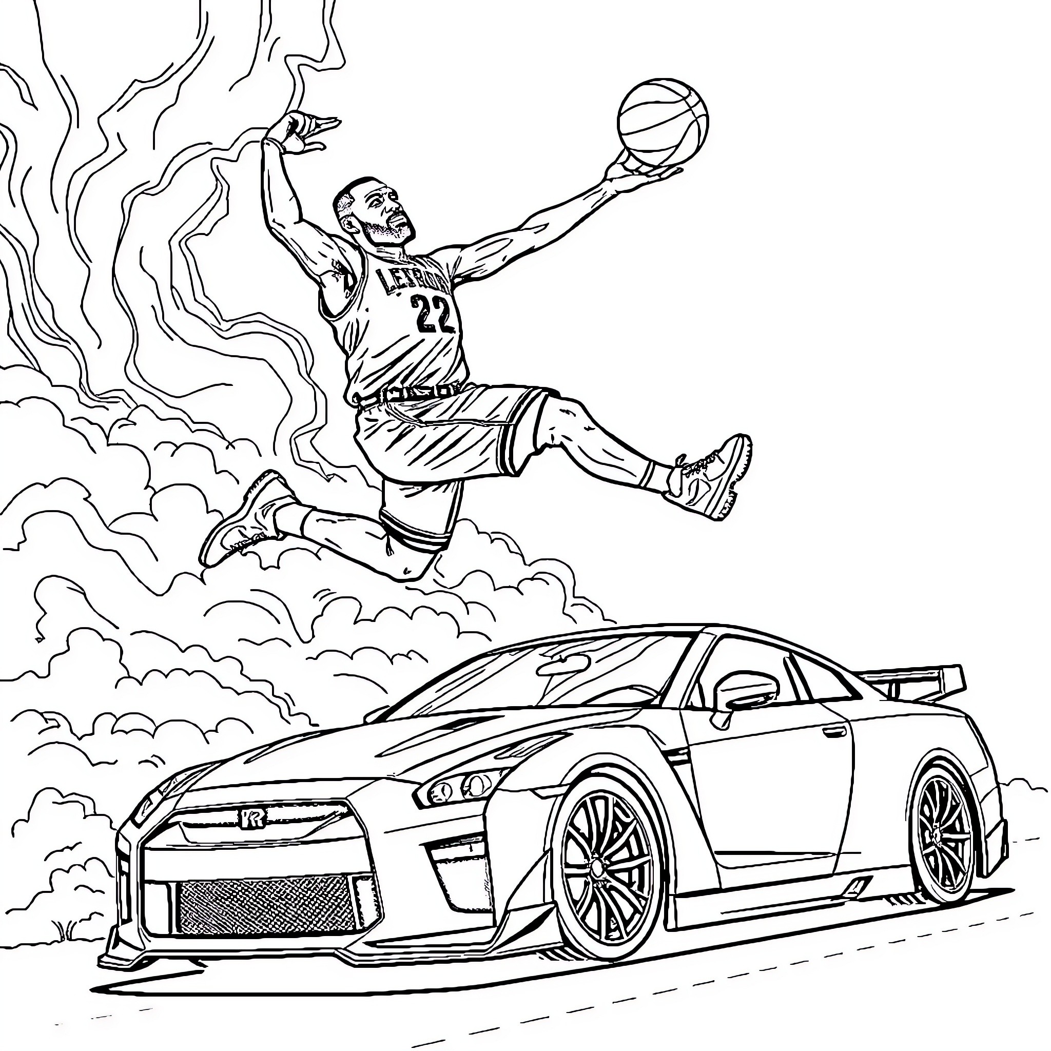 LeBron James Soaring for a Slam Dunk Coloring Page (free black-and-white line drawing printable PDF for all, from beginners to advanced learners, including children, teens, adults, and seniors)
