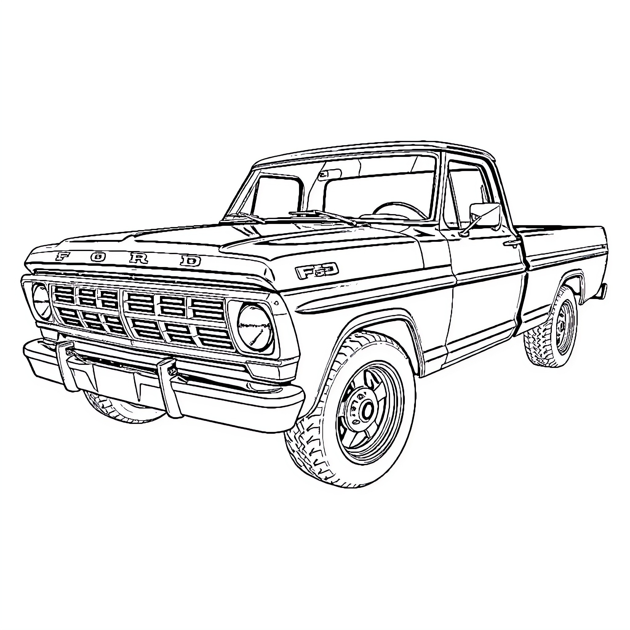 F100 vintage pickup truck in black and white Coloring Page (free black-and-white line drawing printable PDF for all, from beginners to advanced learners, including children, teens, adults, and seniors)