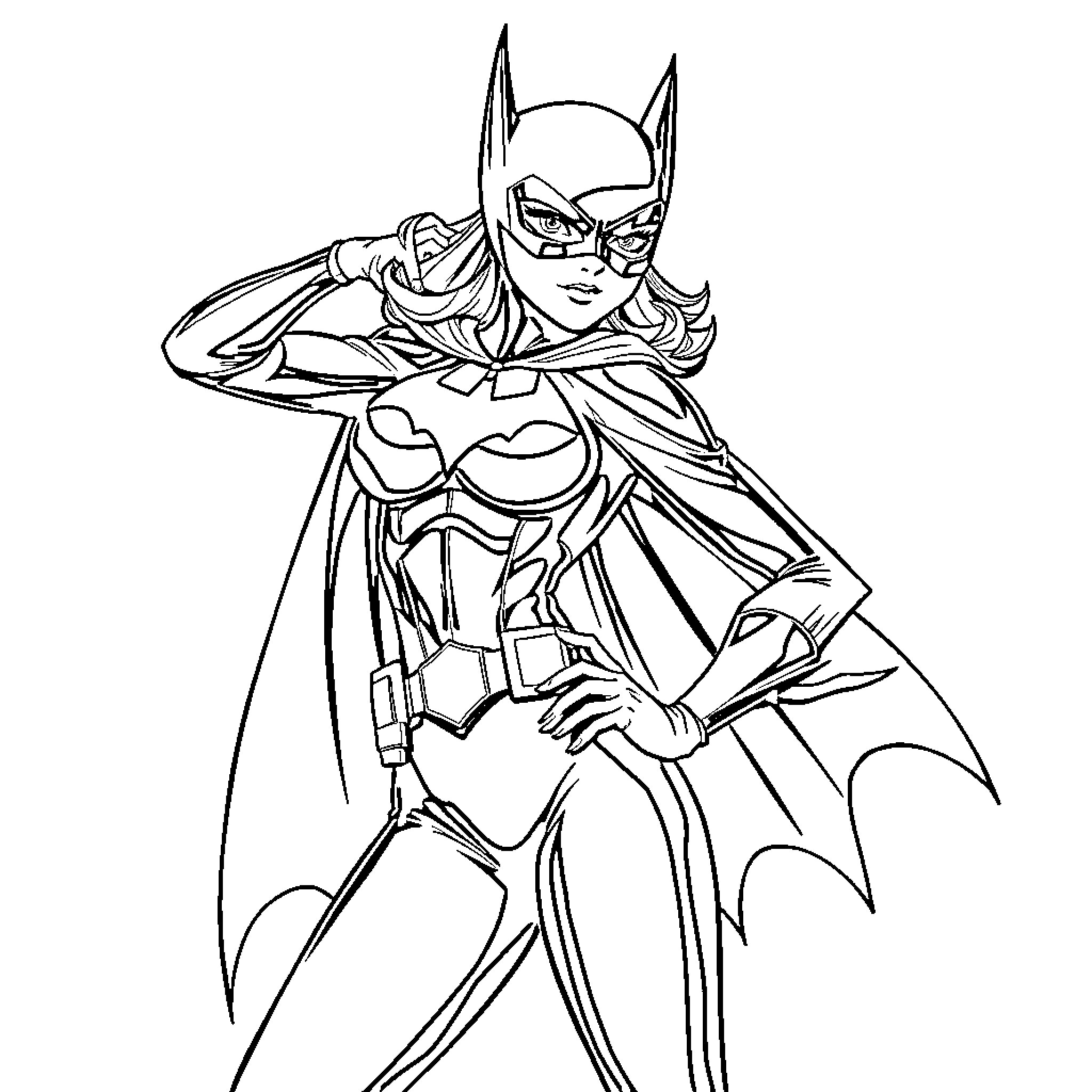 Batgirl in heroic action pose Coloring Page (free black-and-white line drawing printable PDF for all, from beginners to advanced learners, including children, teens, adults, and seniors)