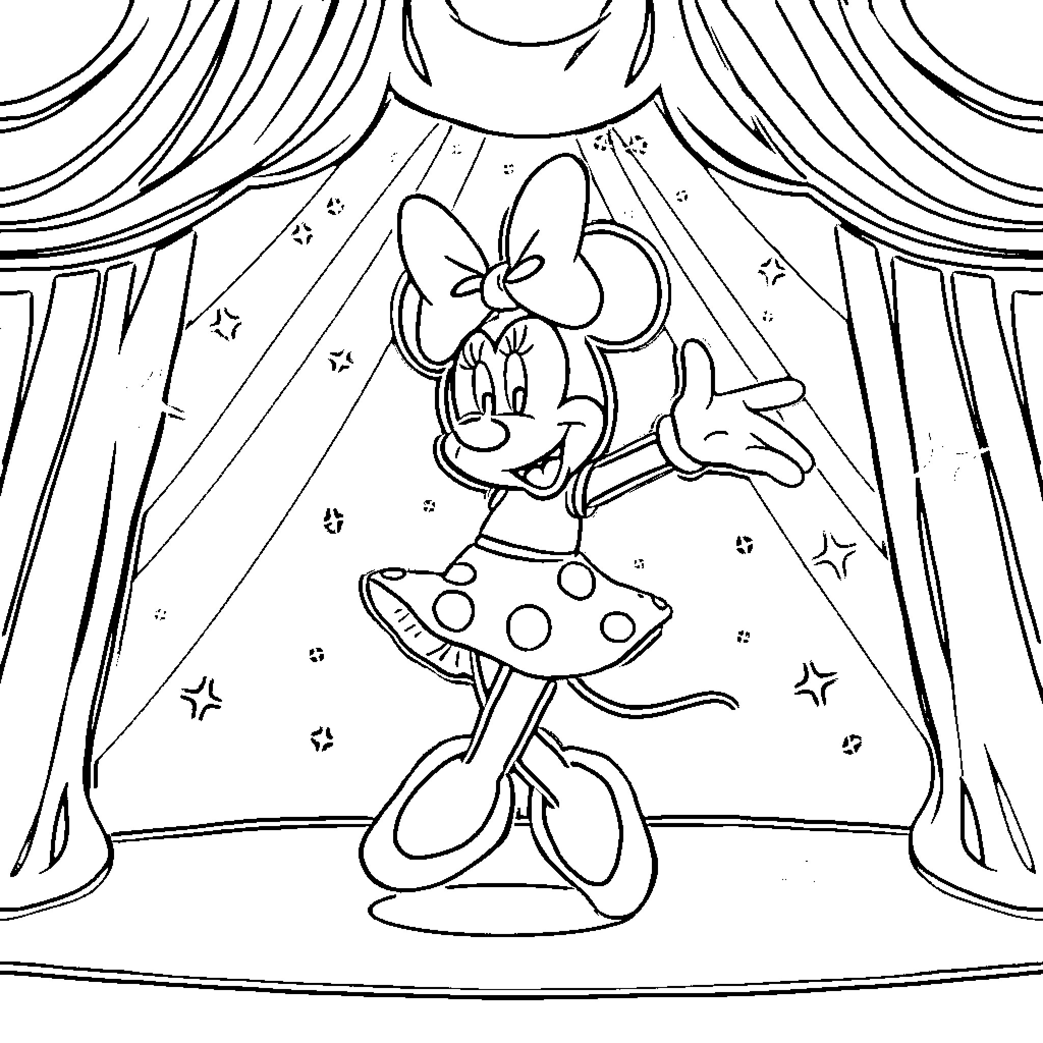 Minnie's Theatrical Performance Coloring Page (free black-and-white line drawing printable PDF for all, from beginners to advanced learners, including children, teens, adults, and seniors)
