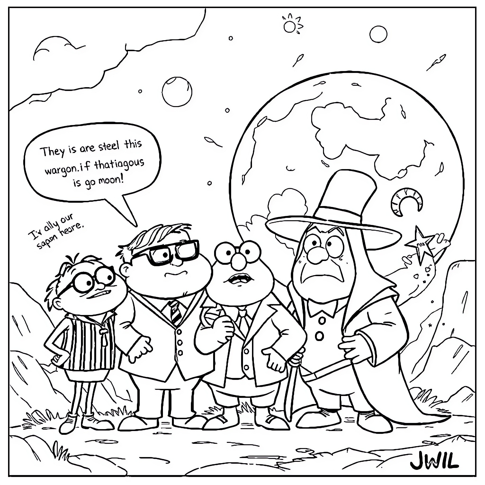 Gru and his friends explore the universe Coloring Page (free black-and-white line drawing printable PDF for all, from beginners to advanced learners, including children, teens, adults, and seniors)