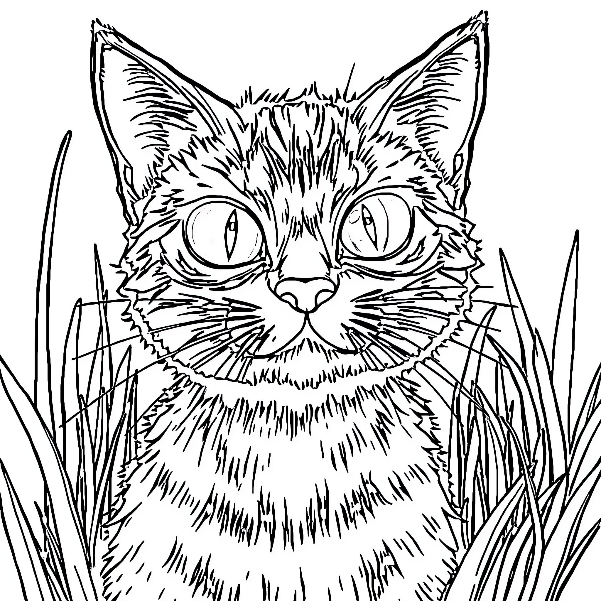 Cat peeking through tall grass Coloring Page (free black-and-white line drawing printable PDF for all, from beginners to advanced learners, including children, teens, adults, and seniors)