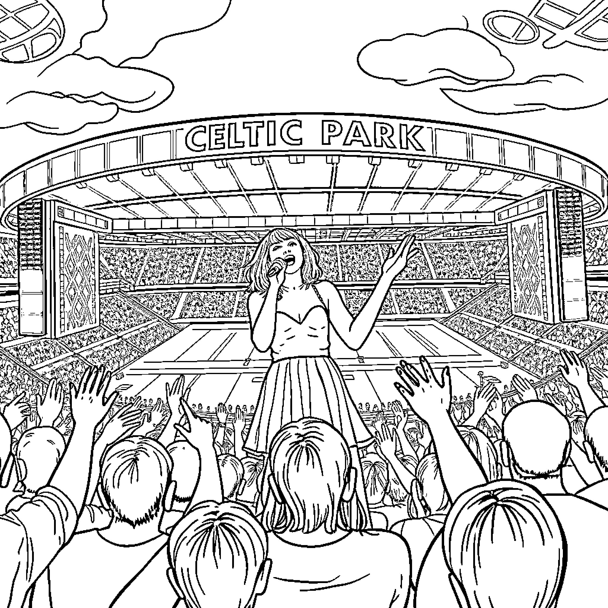 Taylor Swift performing live on stage at Celtic Park Coloring Page (free black-and-white line drawing printable PDF for all, from beginners to advanced learners, including children, teens, adults, and seniors)