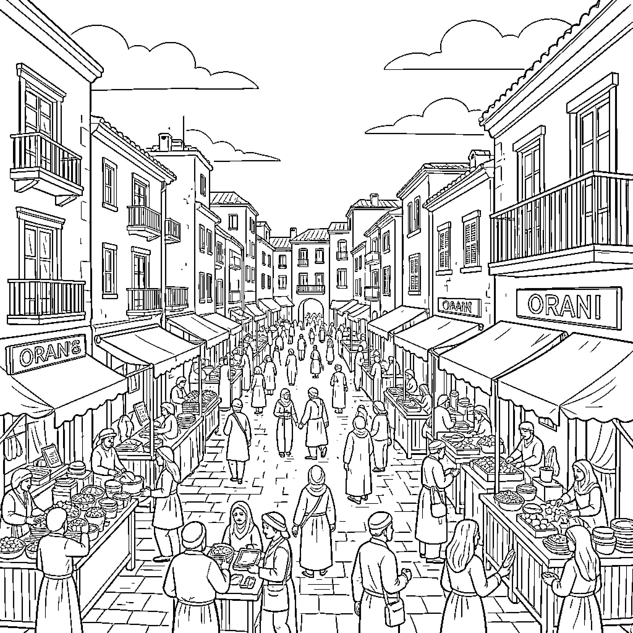 Oran people walking through a busy market street Coloring Page (free black-and-white line drawing printable PDF for all, from beginners to advanced learners, including children, teens, adults, and seniors)