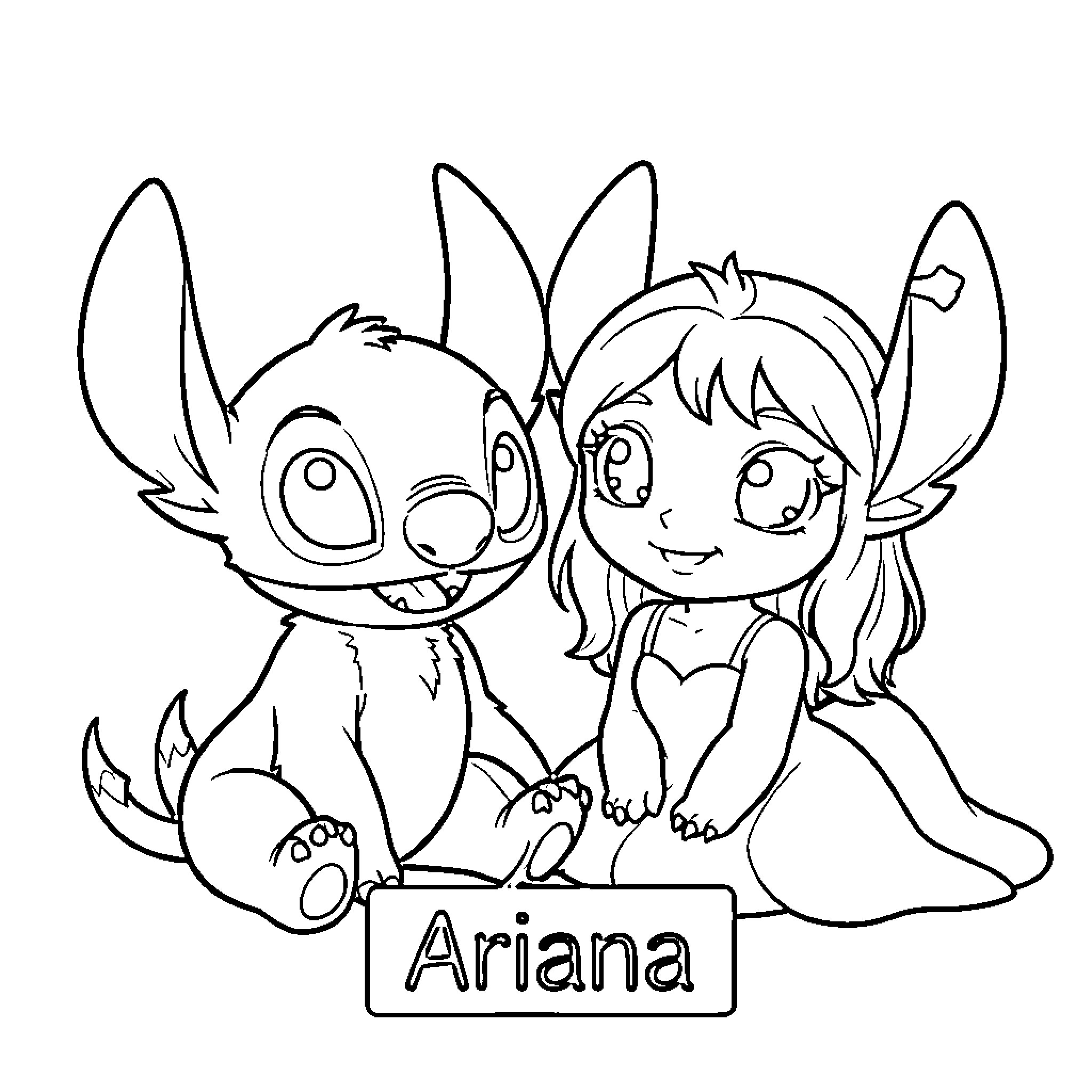 Stitch and Ariana sharing a moment Coloring Page (free black-and-white line drawing printable PDF for all, from beginners to advanced learners, including children, teens, adults, and seniors)