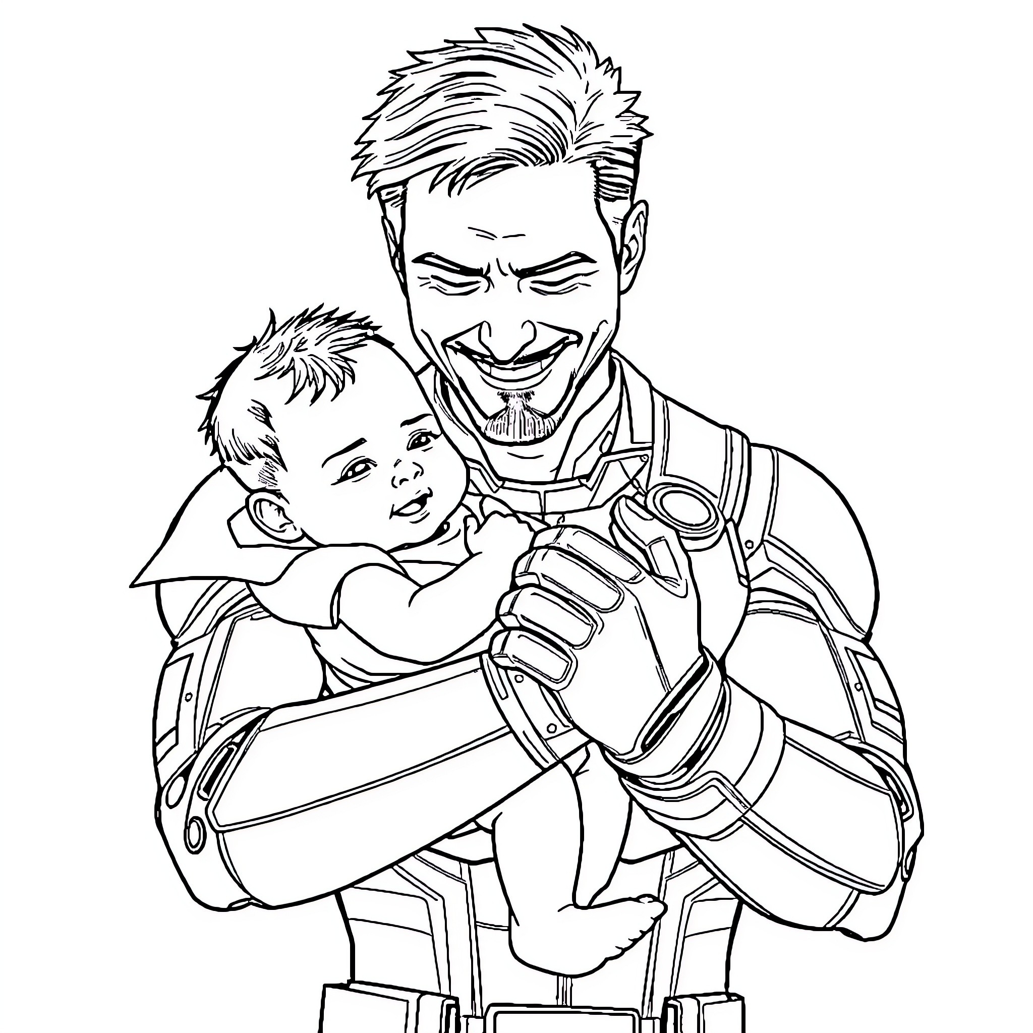 Tony Stark Embracing His Child with Warmth Coloring Page (free black-and-white line drawing printable PDF for all, from beginners to advanced learners, including children, teens, adults, and seniors)