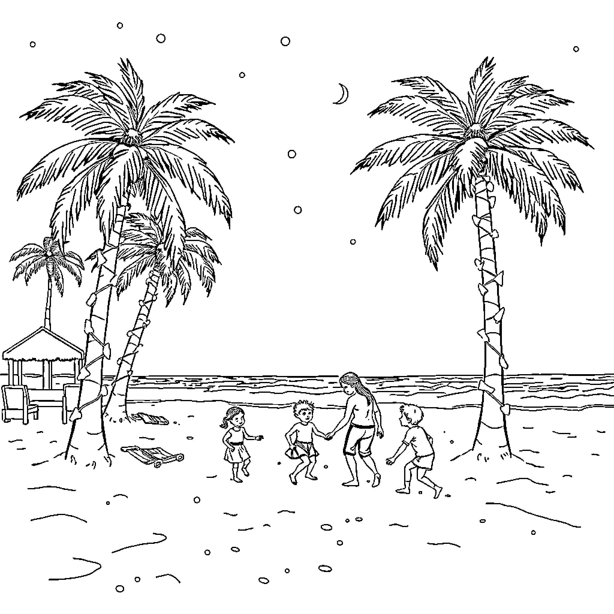 Christmas at a Tropical Beach Coloring Page (free black-and-white line drawing printable PDF for all, from beginners to advanced learners, including children, teens, adults, and seniors)