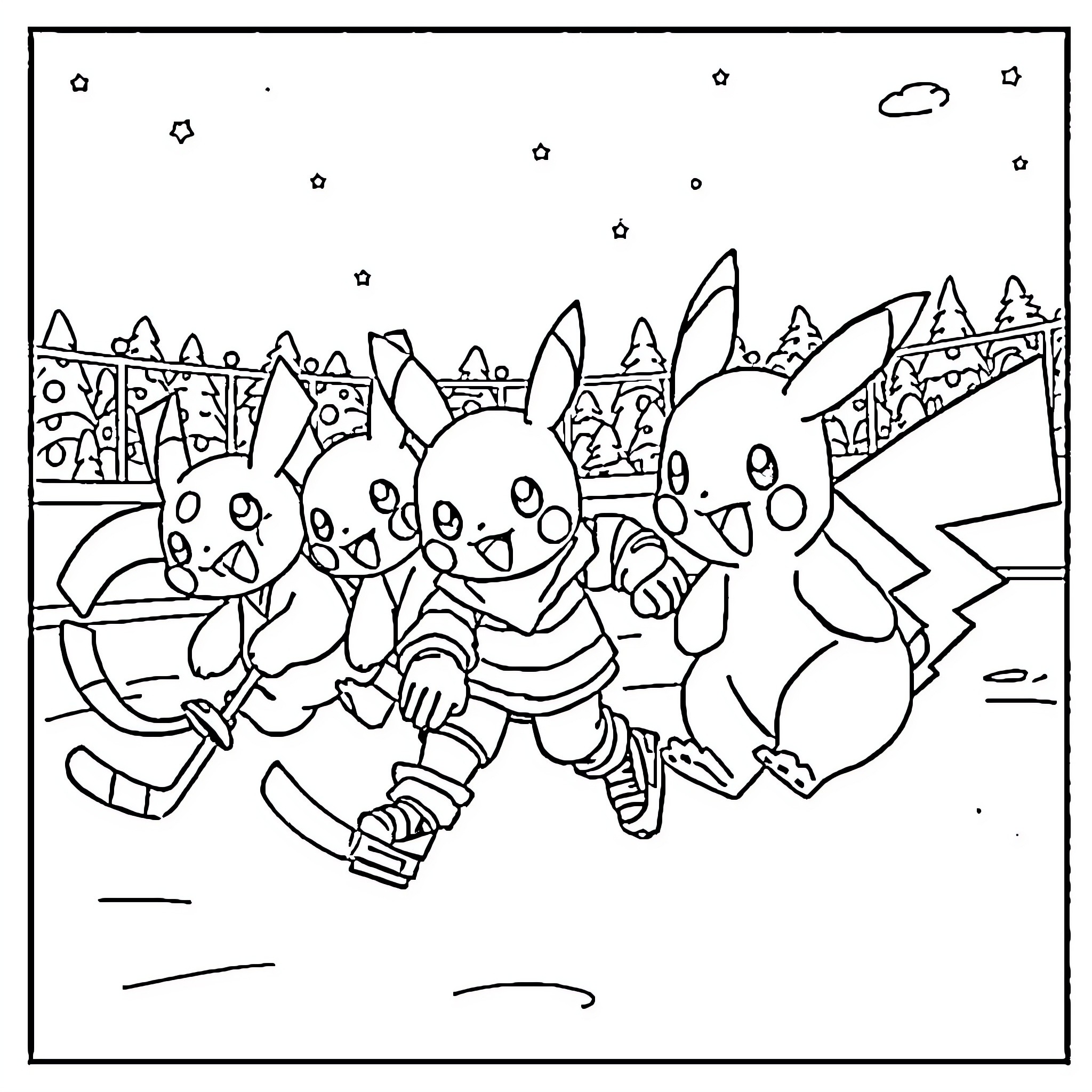 Pokémon characters in a playful scene Coloring Page (free black-and-white line drawing printable PDF for all, from beginners to advanced learners, including children, teens, adults, and seniors)