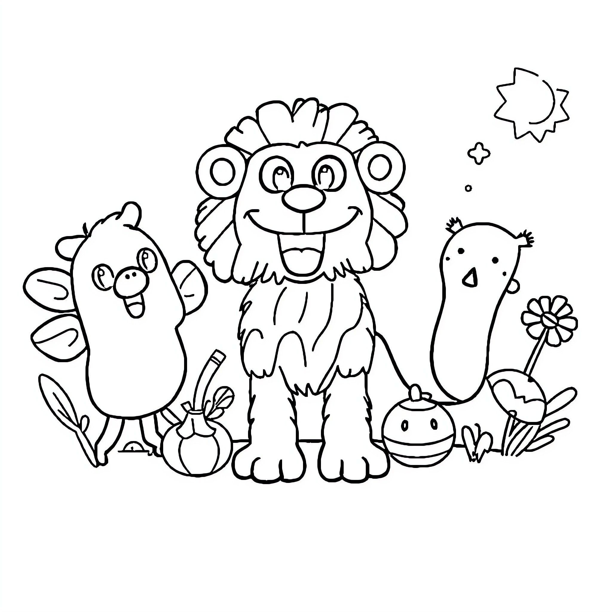Drawing Ideas: Playful Animals in Nature Coloring Page (free black-and-white line drawing printable PDF for all, from beginners to advanced learners, including children, teens, adults, and seniors)