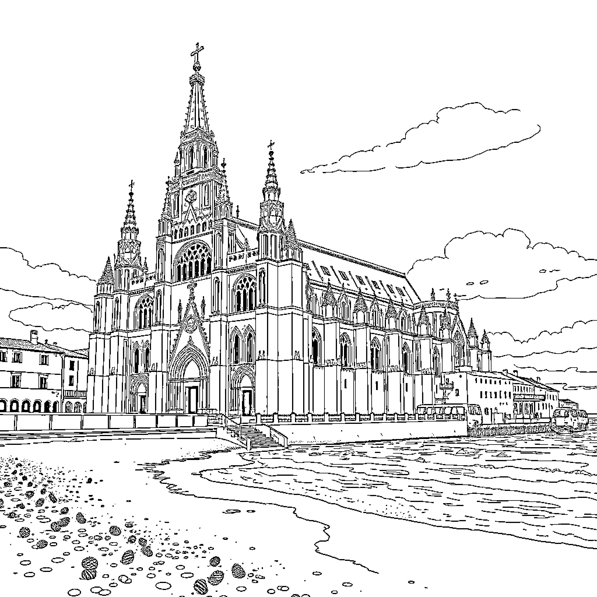 Catedral de estilo gótico junto al río Coloring Page (free black-and-white line drawing printable PDF for all, from beginners to advanced learners, including children, teens, adults, and seniors)