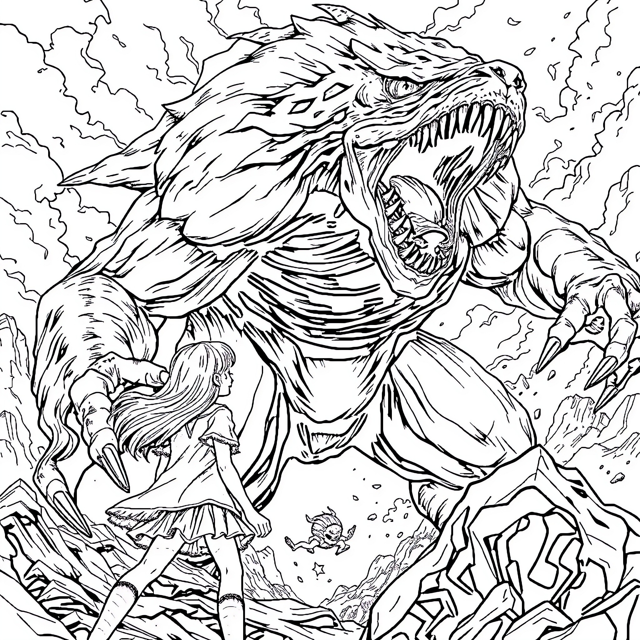 Girl confronting a ferocious mythical beast Coloring Page (free black-and-white line drawing printable PDF for all, from beginners to advanced learners, including children, teens, adults, and seniors)