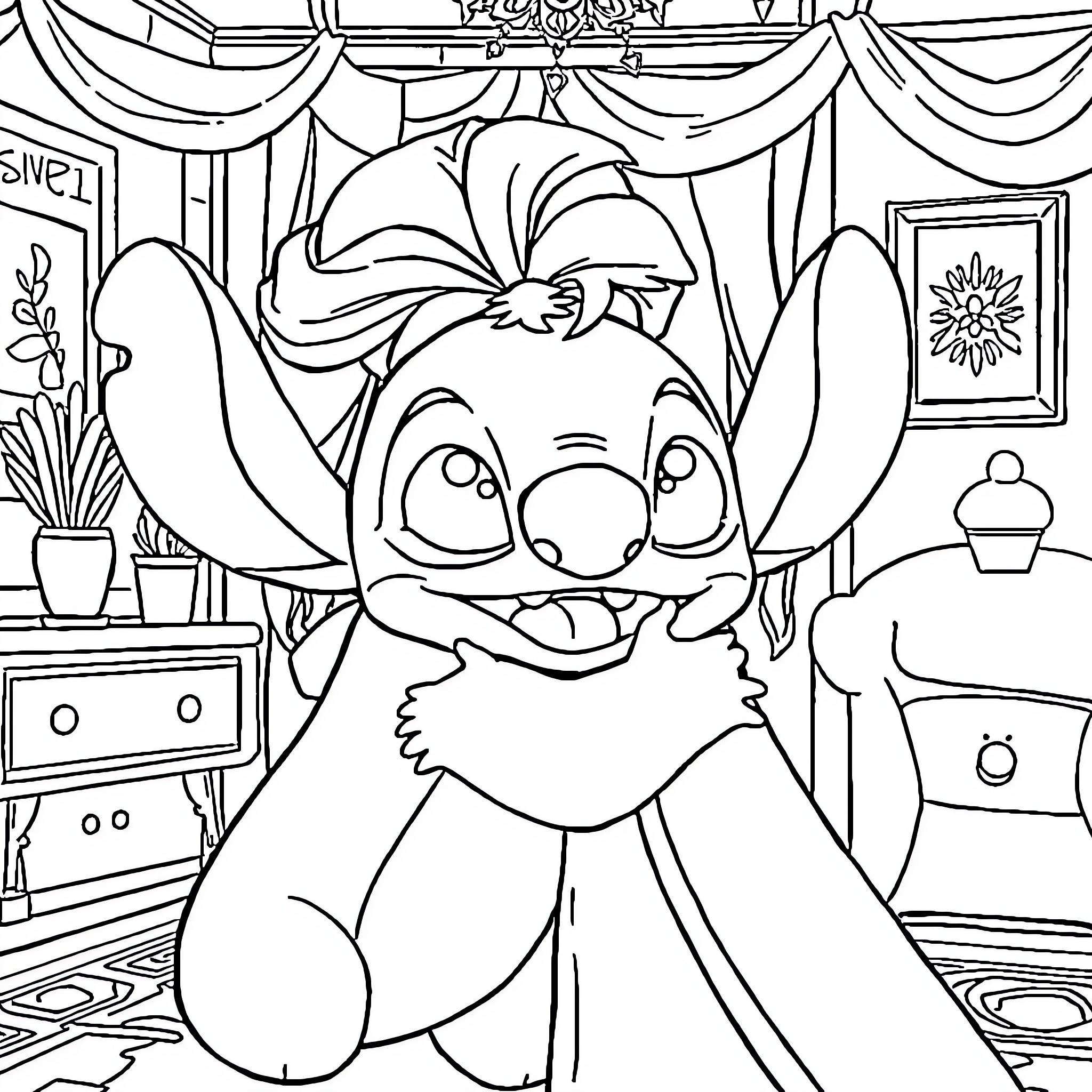 Elsa's Playful Adventure in a Cozy Room Coloring Page (free black-and-white line drawing printable PDF for all, from beginners to advanced learners, including children, teens, adults, and seniors)