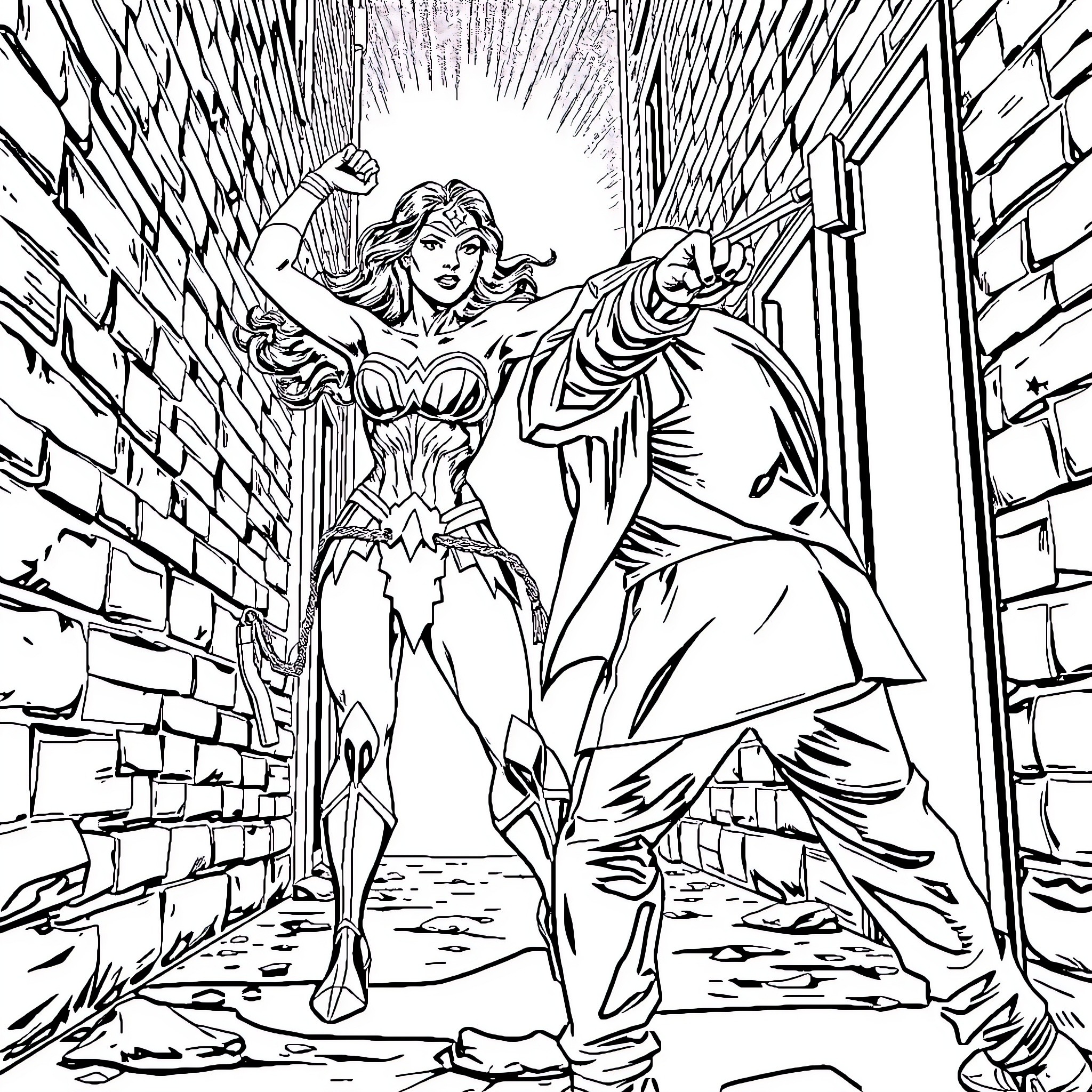 Wonder Woman Heroically Battles in the Alley Coloring Page (free black-and-white line drawing printable PDF for all, from beginners to advanced learners, including children, teens, adults, and seniors)