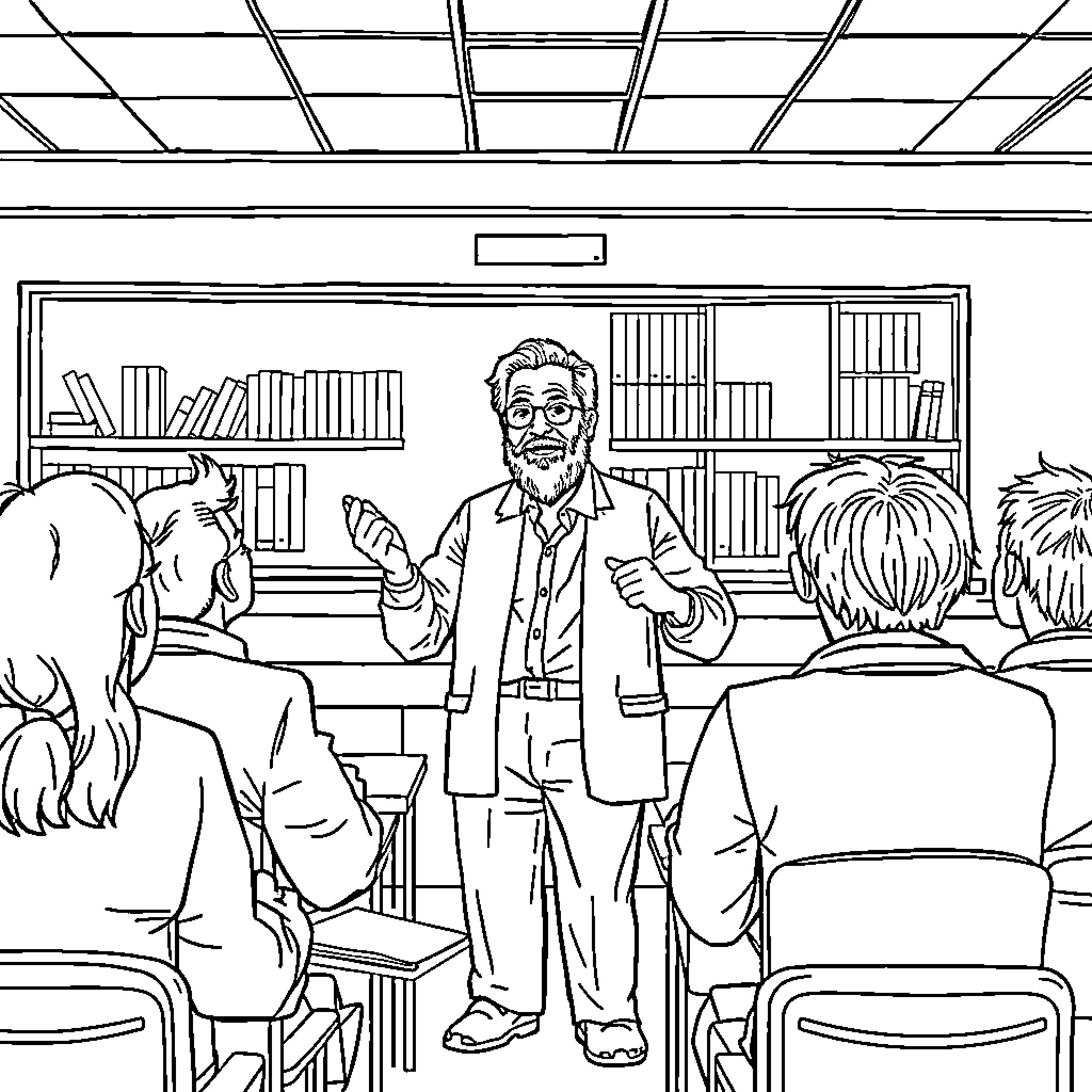 Paulo Freire interacting with students in a classroom setting Coloring Page (free black-and-white line drawing printable PDF for all, from beginners to advanced learners, including children, teens, adults, and seniors)