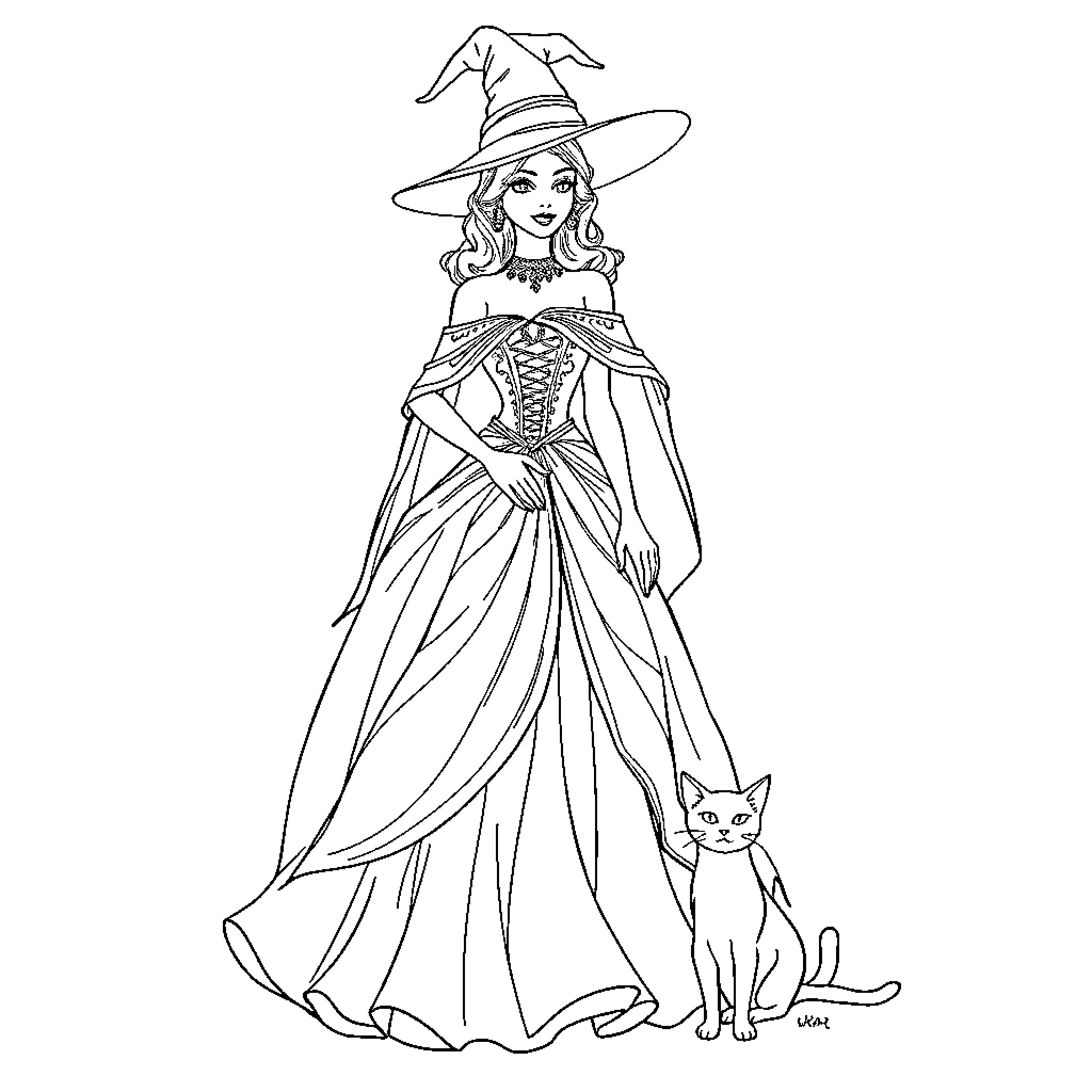 Woman in Elaborate Witch Costume with Cat Companion Coloring Page (free black-and-white line drawing printable PDF for all, from beginners to advanced learners, including children, teens, adults, and seniors)