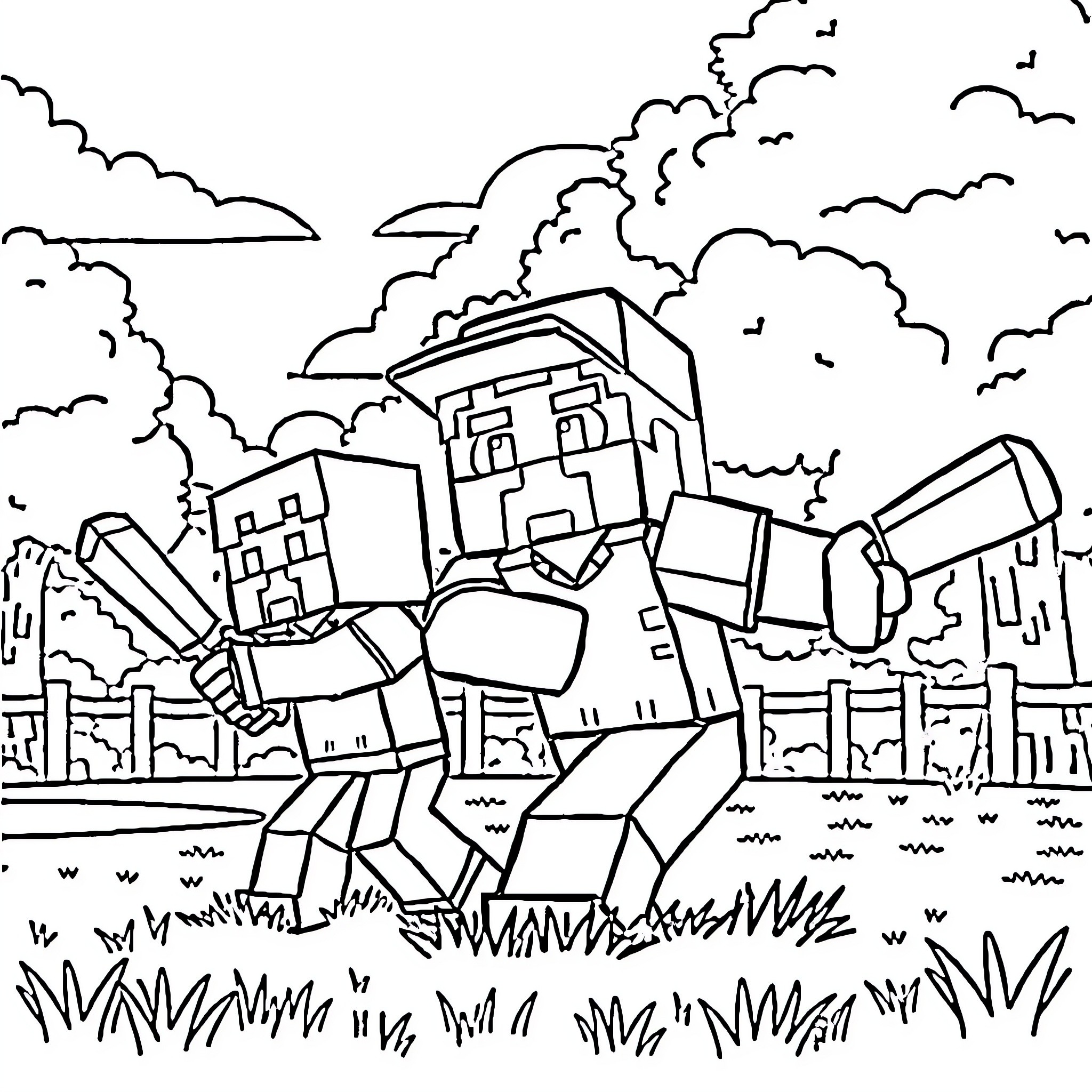 Minecraft Character Exploring Scenic Landscape Coloring Page (free black-and-white line drawing printable PDF for all, from beginners to advanced learners, including children, teens, adults, and seniors)