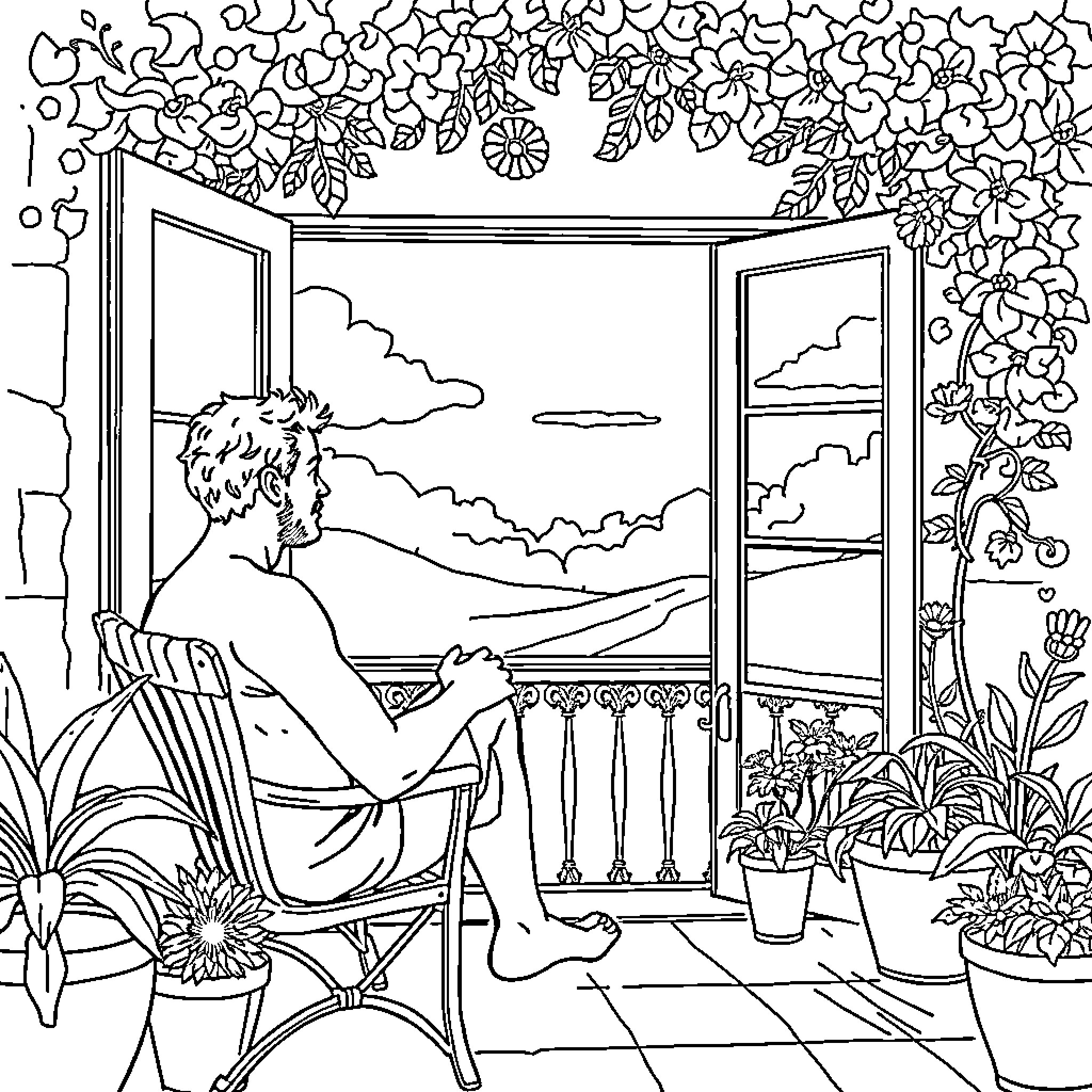David relaxing on the balcony surrounded by nature Coloring Page (free black-and-white line drawing printable PDF for all, from beginners to advanced learners, including children, teens, adults, and seniors)