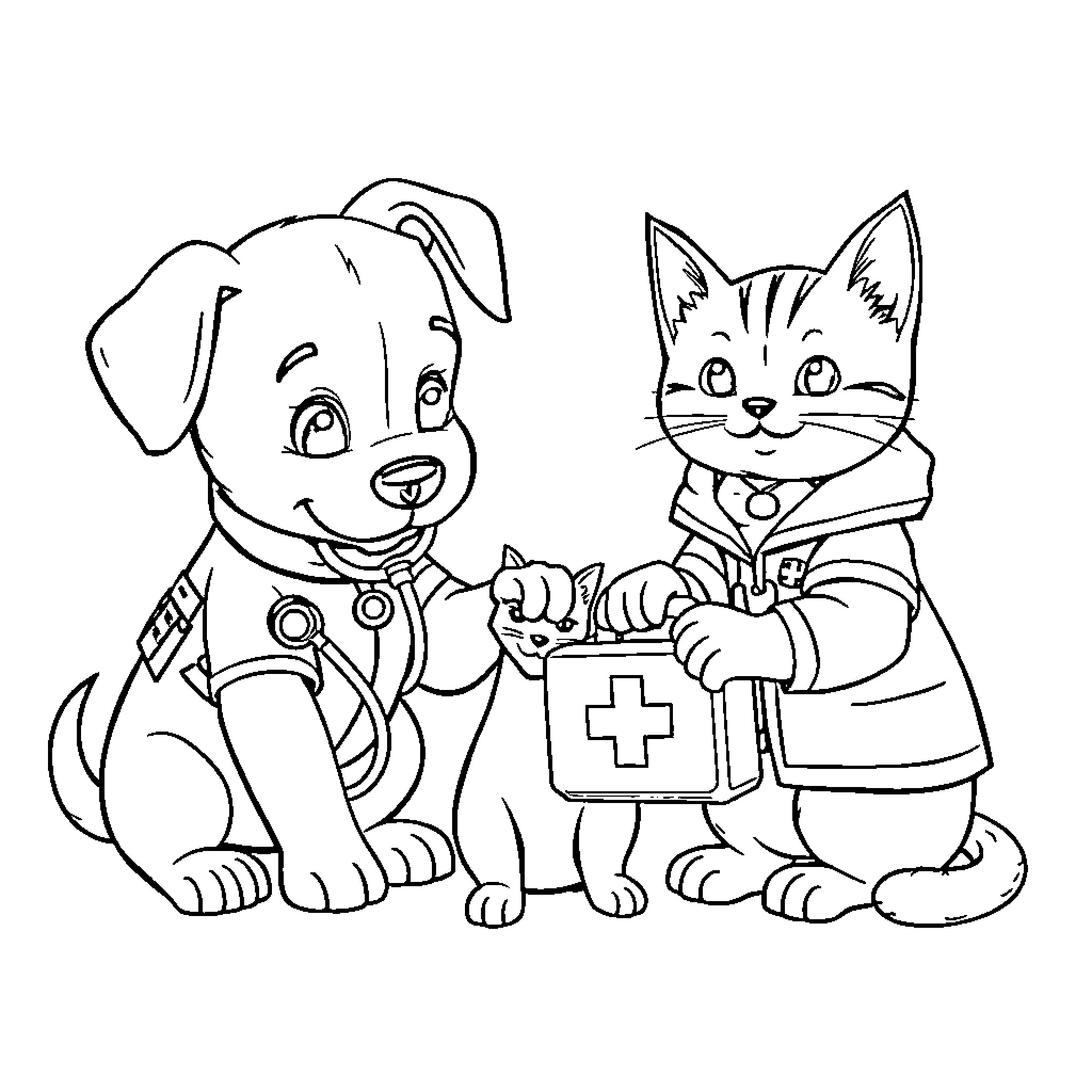 Dog and cat veterinary assistants Coloring Page (free black-and-white line drawing printable PDF for all, from beginners to advanced learners, including children, teens, adults, and seniors)