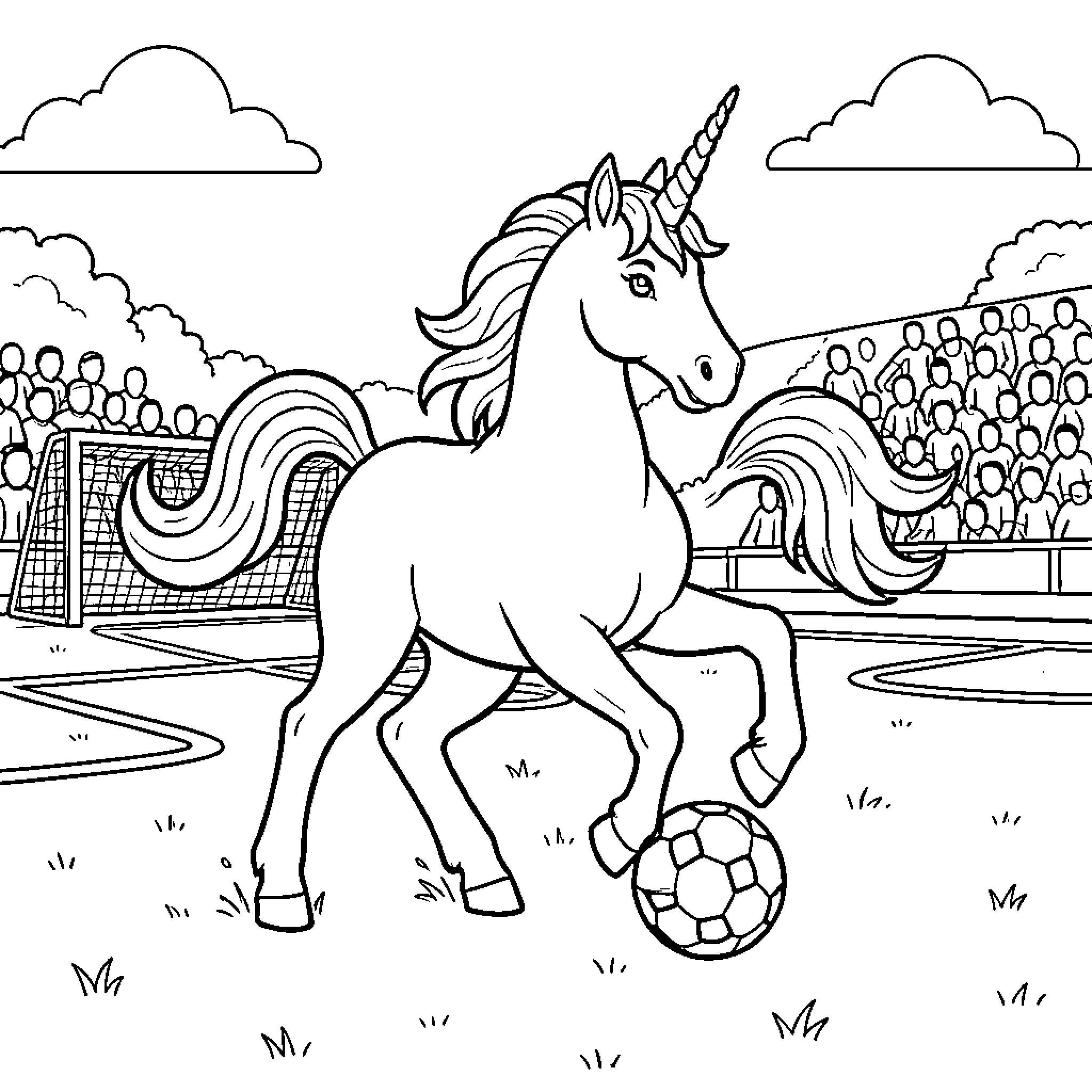 Unicorn playing soccer in front of a cheering crowd Coloring Page (free black-and-white line drawing printable PDF for all, from beginners to advanced learners, including children, teens, adults, and seniors)