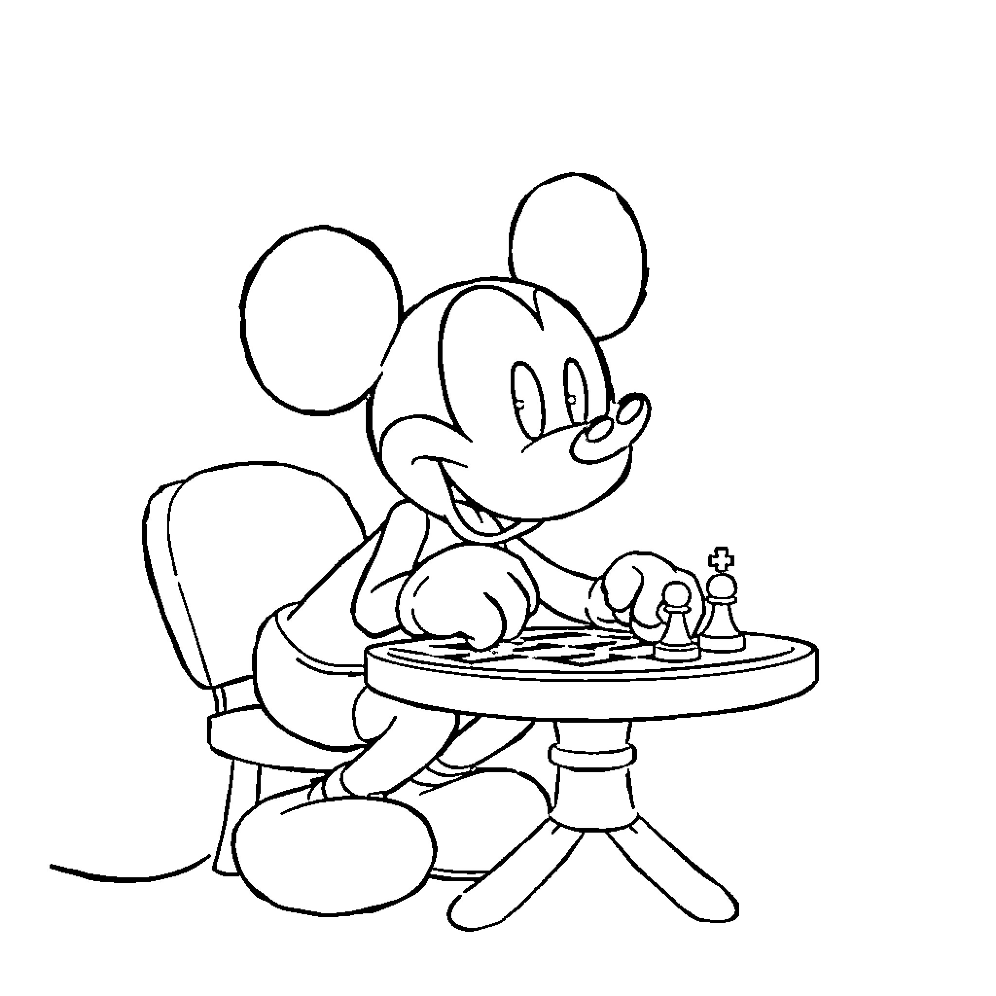 Mickey Mouse playing chess with a thoughtful expression Coloring Page (free black-and-white line drawing printable PDF for all, from beginners to advanced learners, including children, teens, adults, and seniors)