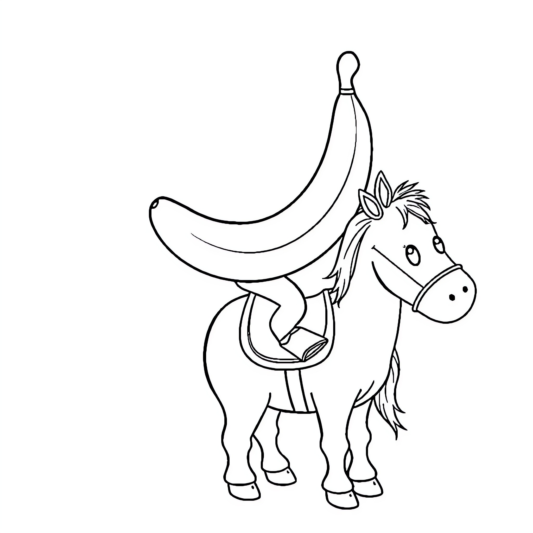 Banana Horse carrying a Banana Coloring Page (free black-and-white line drawing printable PDF for all, from beginners to advanced learners, including children, teens, adults, and seniors)
