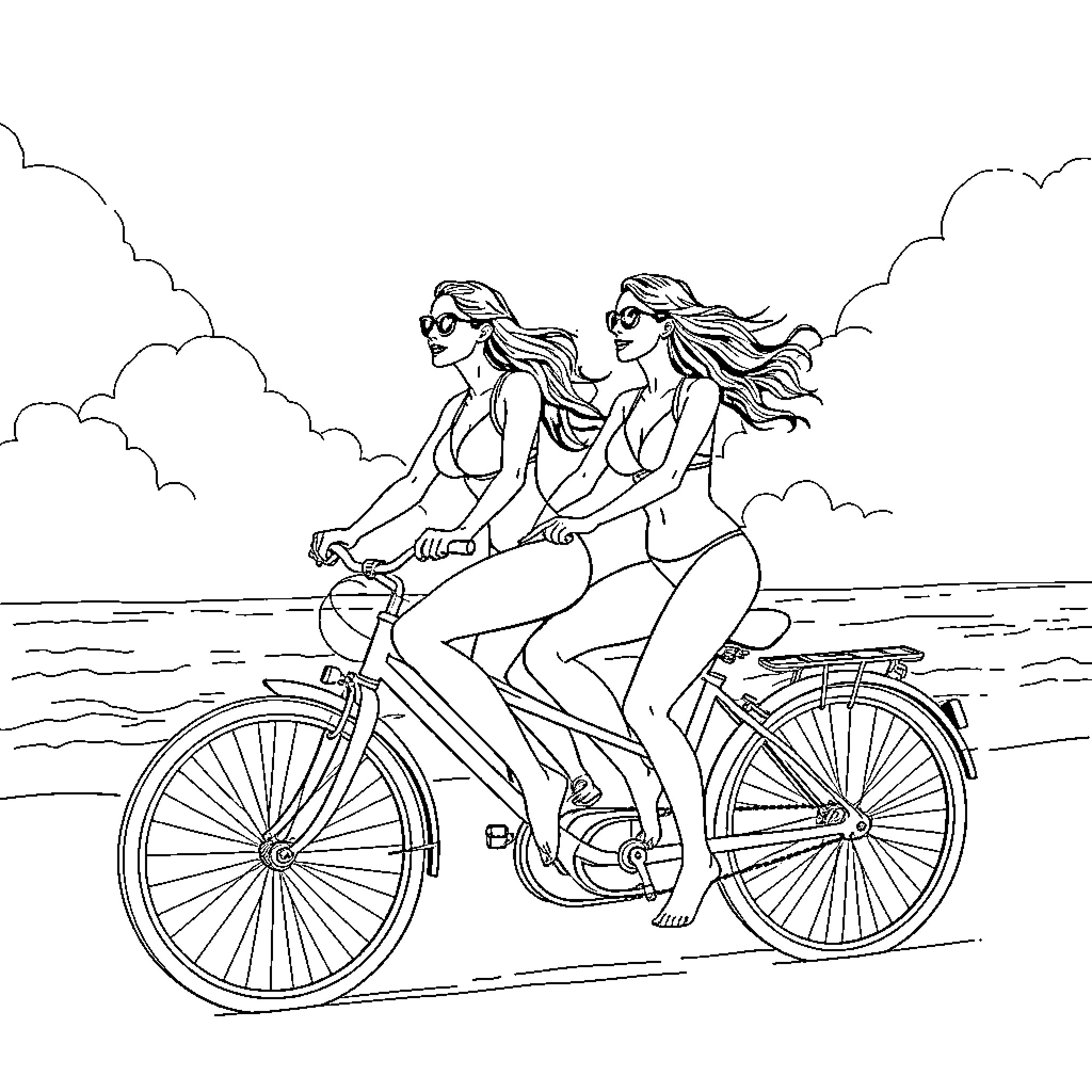 Swimsuit Models Biking Together on the Beach Coloring Page (free black-and-white line drawing printable PDF for all, from beginners to advanced learners, including children, teens, adults, and seniors)
