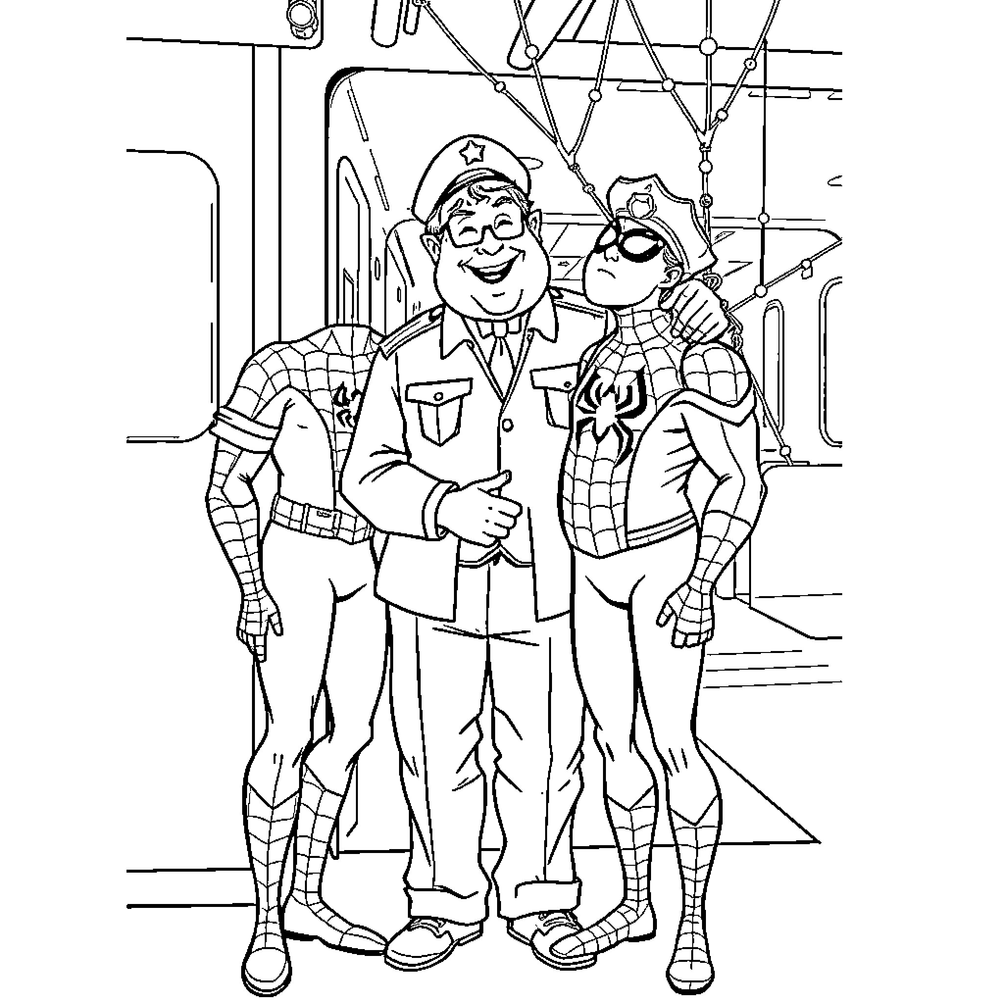 Spiderman helping police officer in the city Coloring Page (free black-and-white line drawing printable PDF for all, from beginners to advanced learners, including children, teens, adults, and seniors)