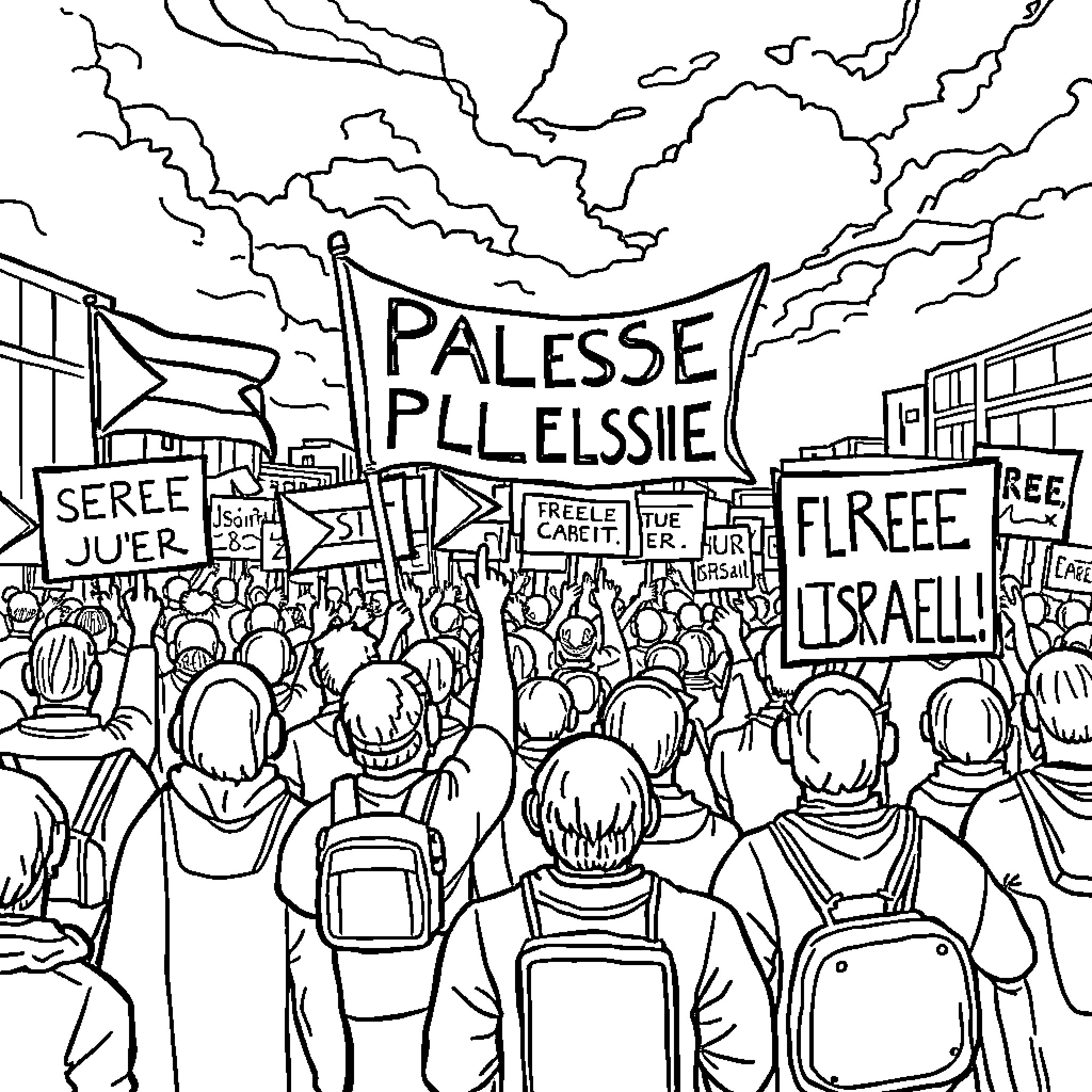 Palestine protest with rally for freedom and justice Coloring Page (free black-and-white line drawing printable PDF for all, from beginners to advanced learners, including children, teens, adults, and seniors)