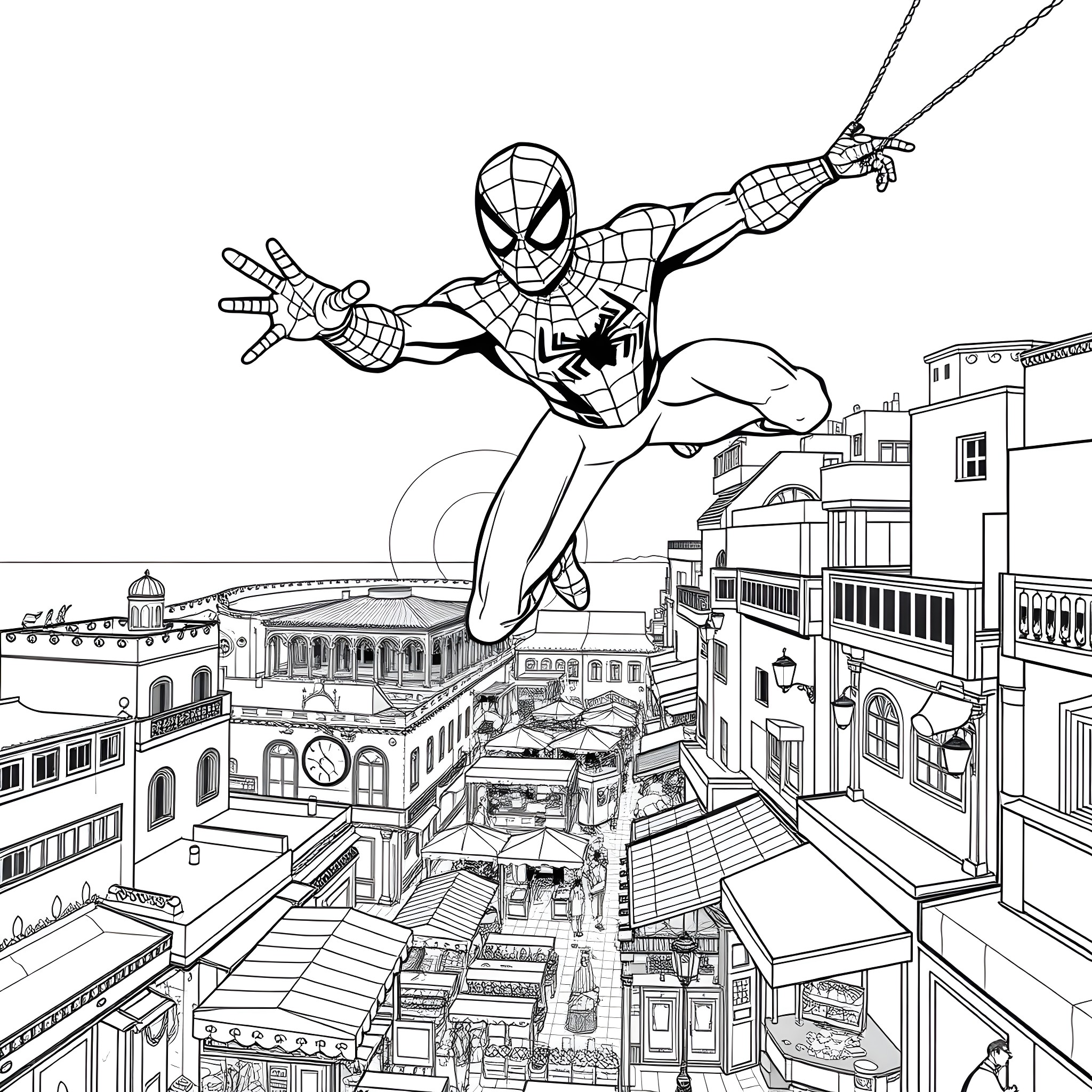 Spider-Man swinging through the city in action Coloring Page (free black-and-white line drawing printable PDF for all, from beginners to advanced learners, including children, teens, adults, and seniors)
