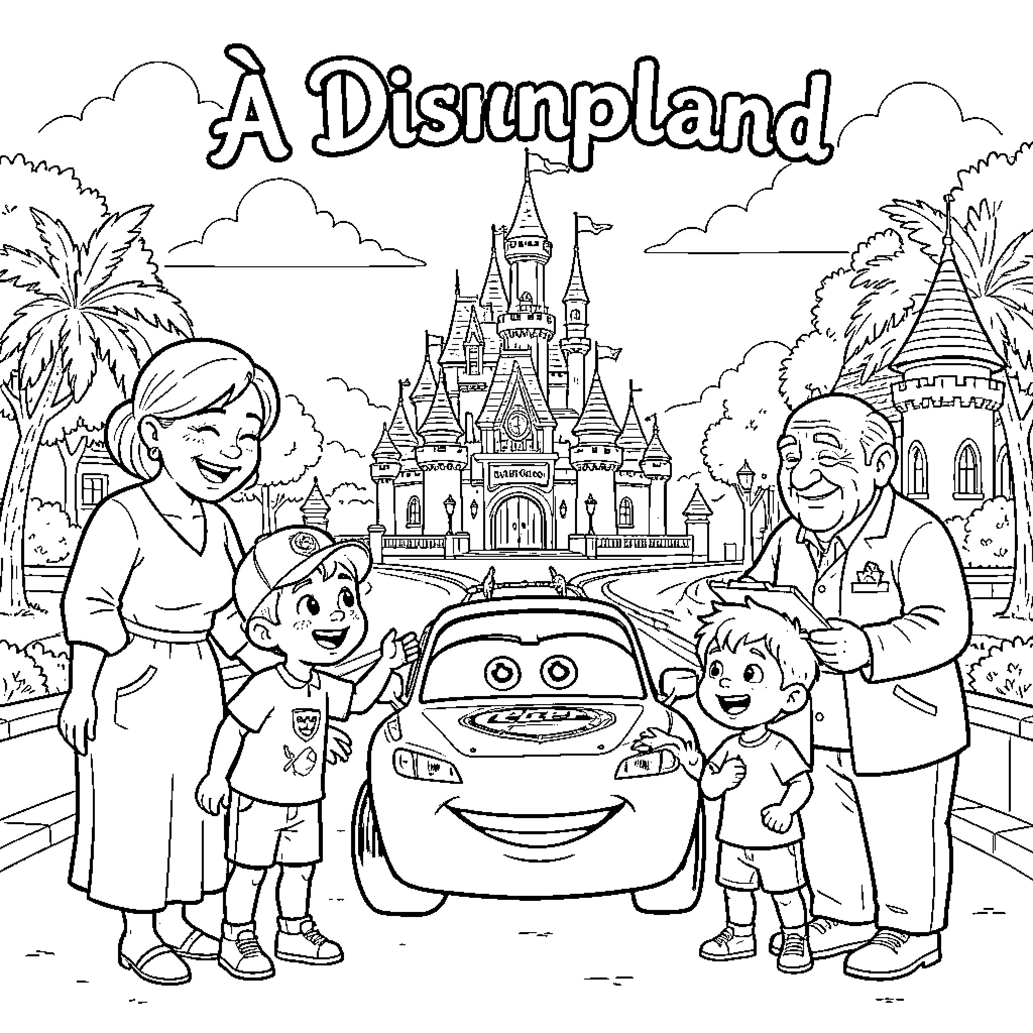 Cars characters smiling with happy families in front of a castle Coloring Page (free black-and-white line drawing printable PDF for all, from beginners to advanced learners, including children, teens, adults, and seniors)
