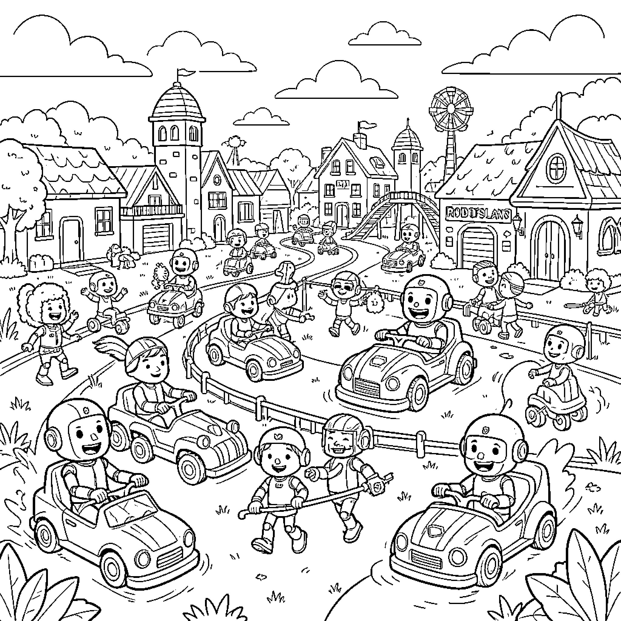 Robot children racing small cars in a busy town Coloring Page (free black-and-white line drawing printable PDF for all, from beginners to advanced learners, including children, teens, adults, and seniors)