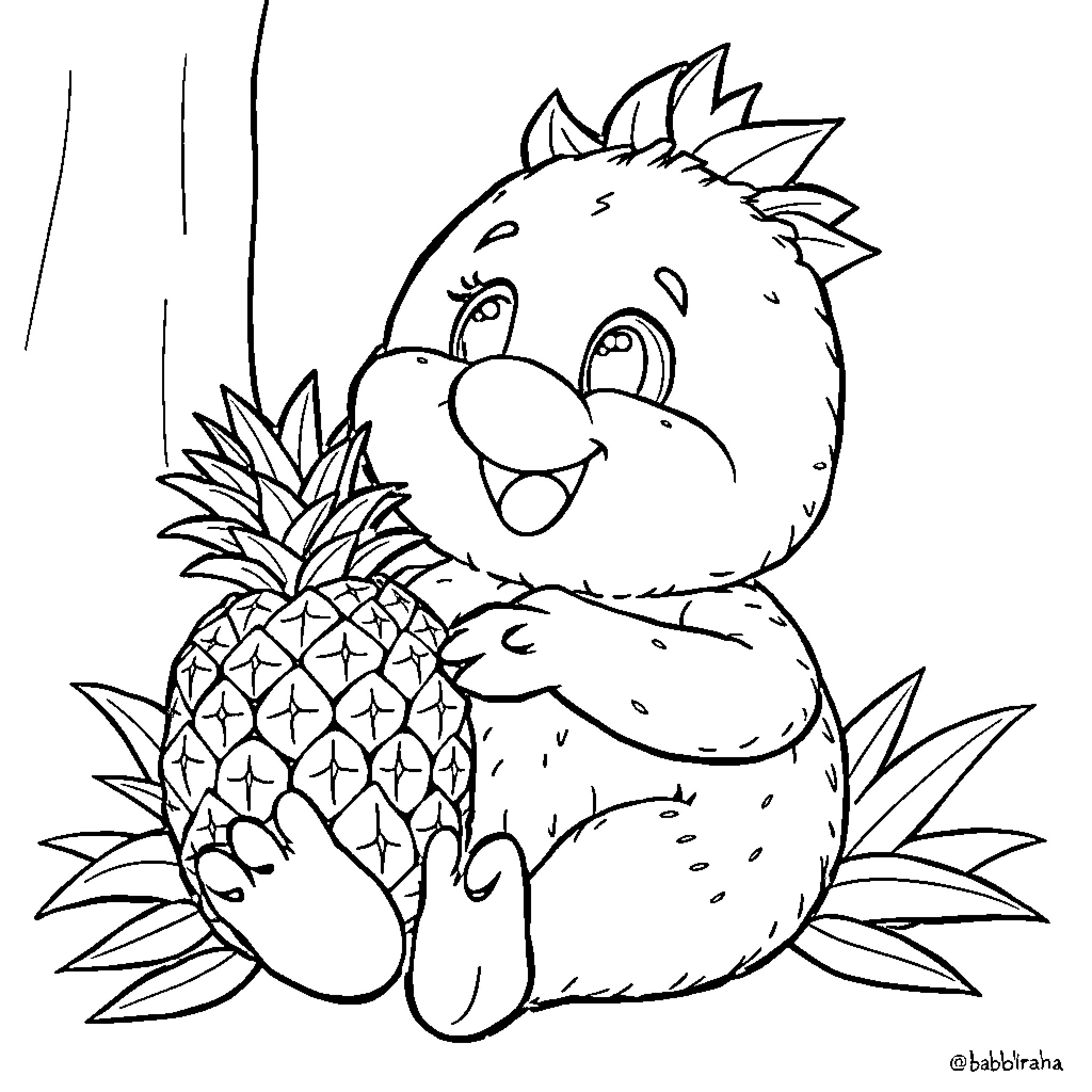 Doddo playing with a pineapple Coloring Page (free black-and-white line drawing printable PDF for all, from beginners to advanced learners, including children, teens, adults, and seniors)