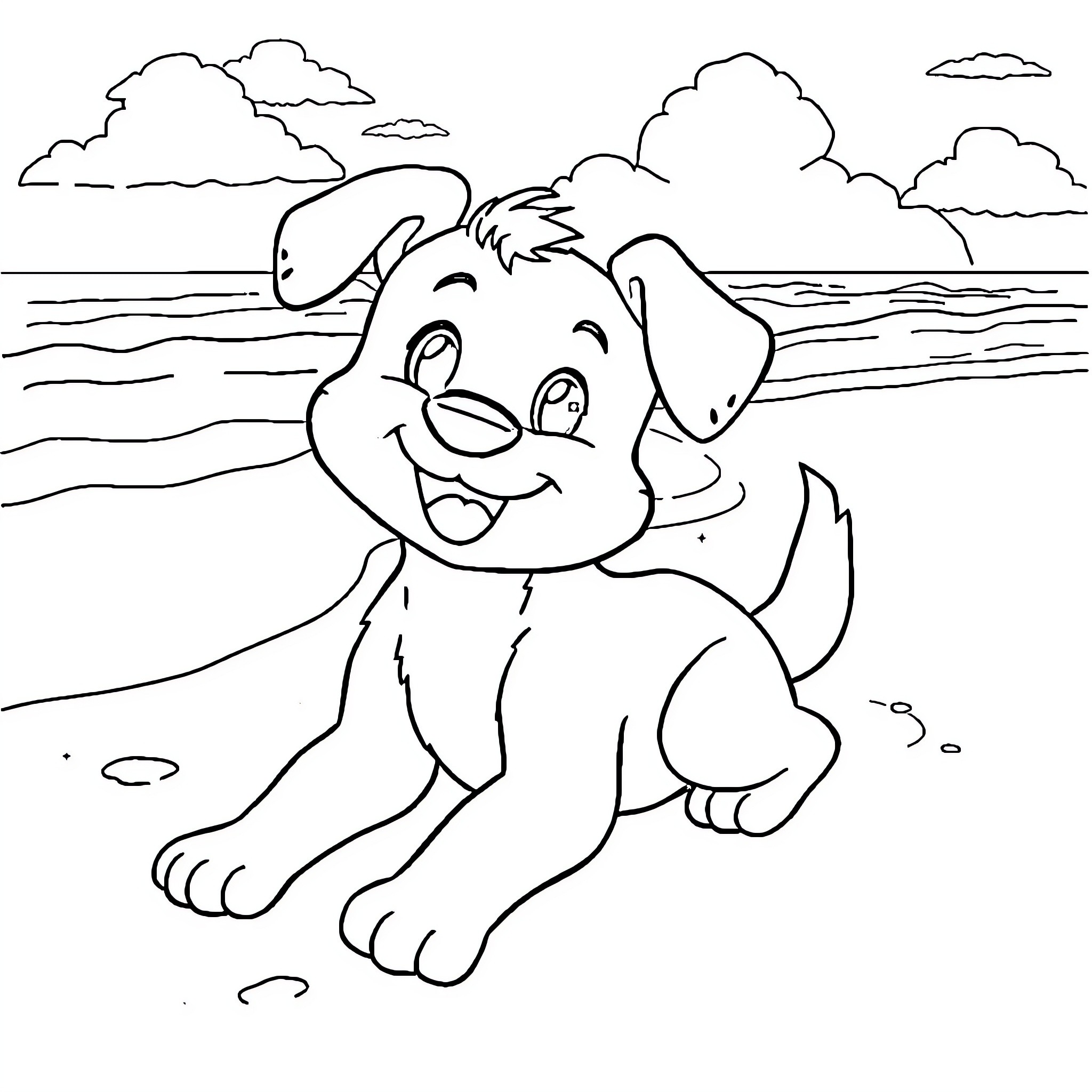 Bluey puppy playing happily on the beach Coloring Page (free black-and-white line drawing printable PDF for all, from beginners to advanced learners, including children, teens, adults, and seniors)