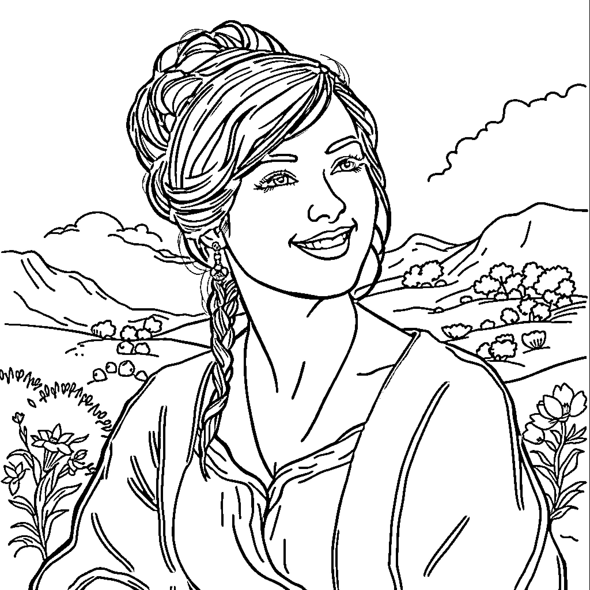 Mona Lisa enjoying the scenic landscape Coloring Page (free black-and-white line drawing printable PDF for all, from beginners to advanced learners, including children, teens, adults, and seniors)