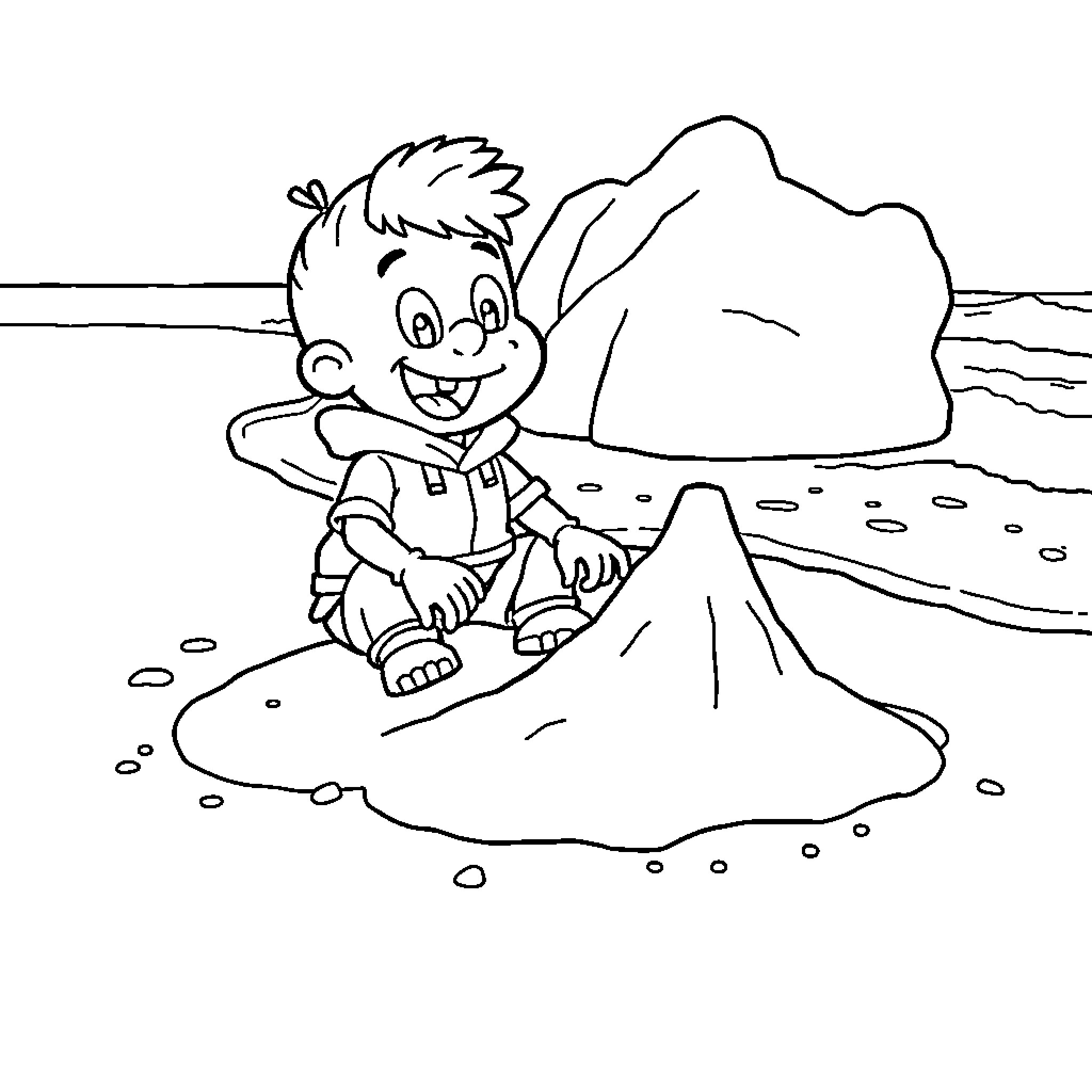 Blippi building a sandcastle at the beach Coloring Page (free black-and-white line drawing printable PDF for all, from beginners to advanced learners, including children, teens, adults, and seniors)