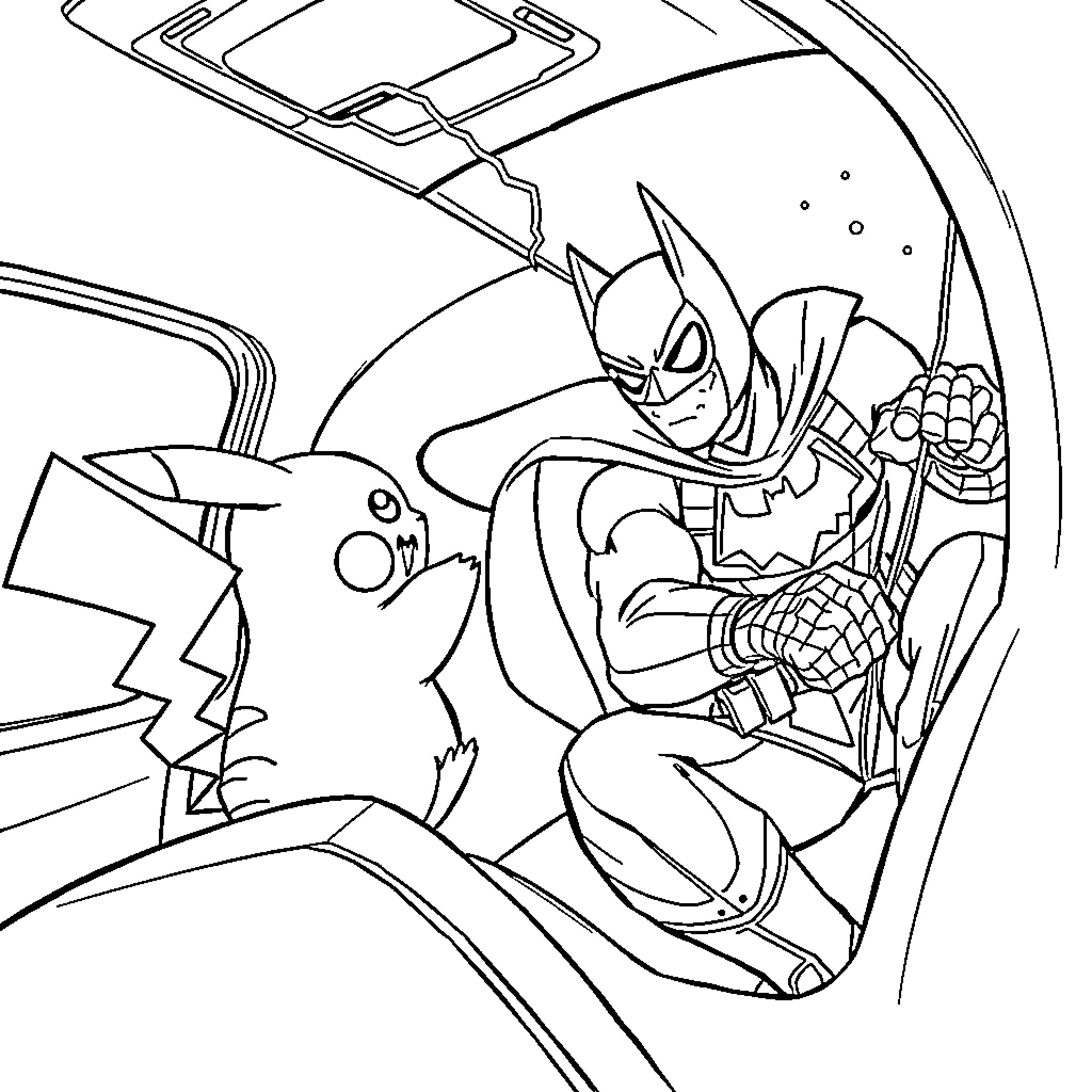 Pikachu battling alongside Batman in futuristic setting Coloring Page (free black-and-white line drawing printable PDF for all, from beginners to advanced learners, including children, teens, adults, and seniors)