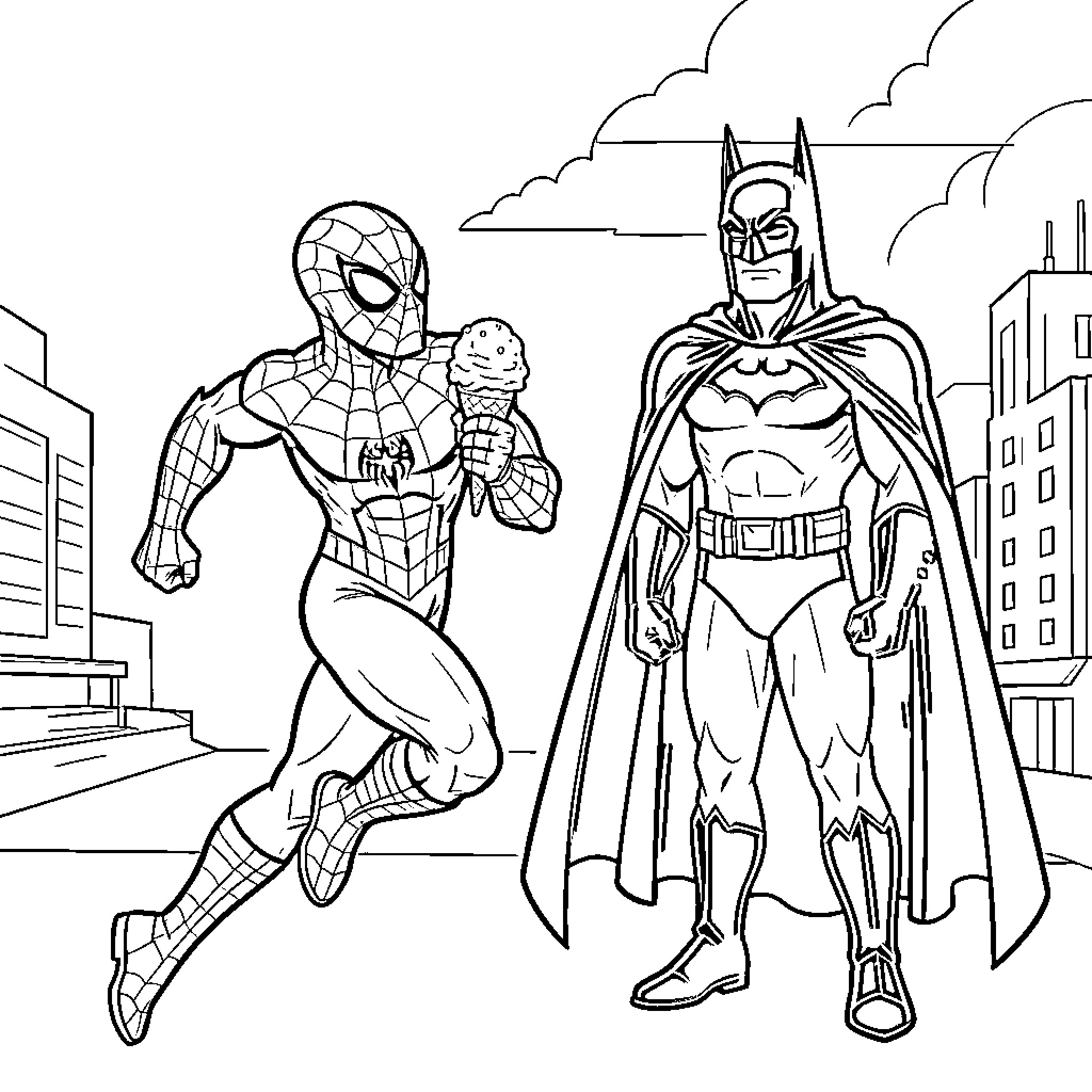 Spider-Man running while eating an ice cream cone Coloring Page (free black-and-white line drawing printable PDF for all, from beginners to advanced learners, including children, teens, adults, and seniors)